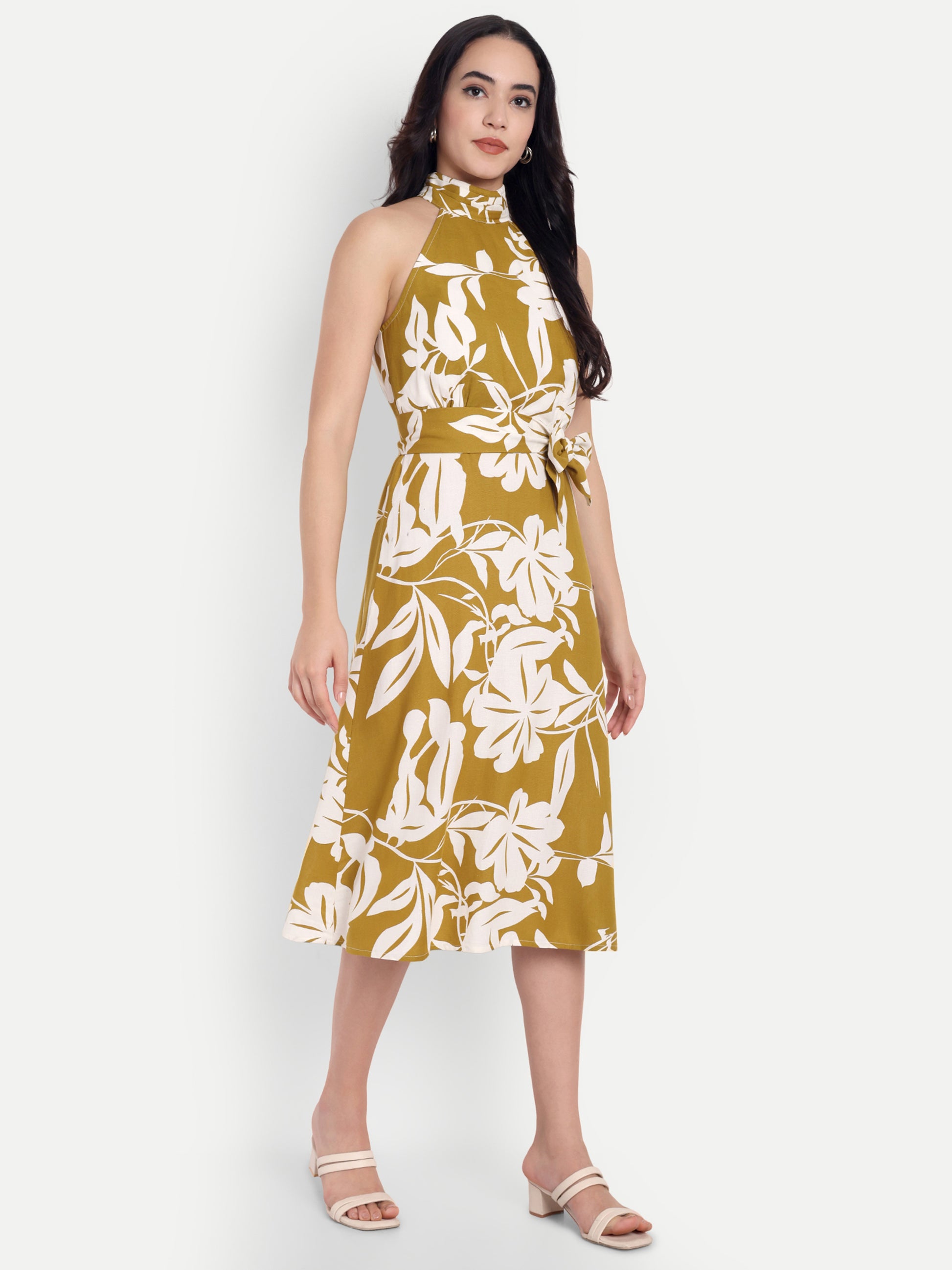 Women's Mustard Yellow & White Floral Halter Neck Midi Dress | Belted Waist | Resort & Summer Wear