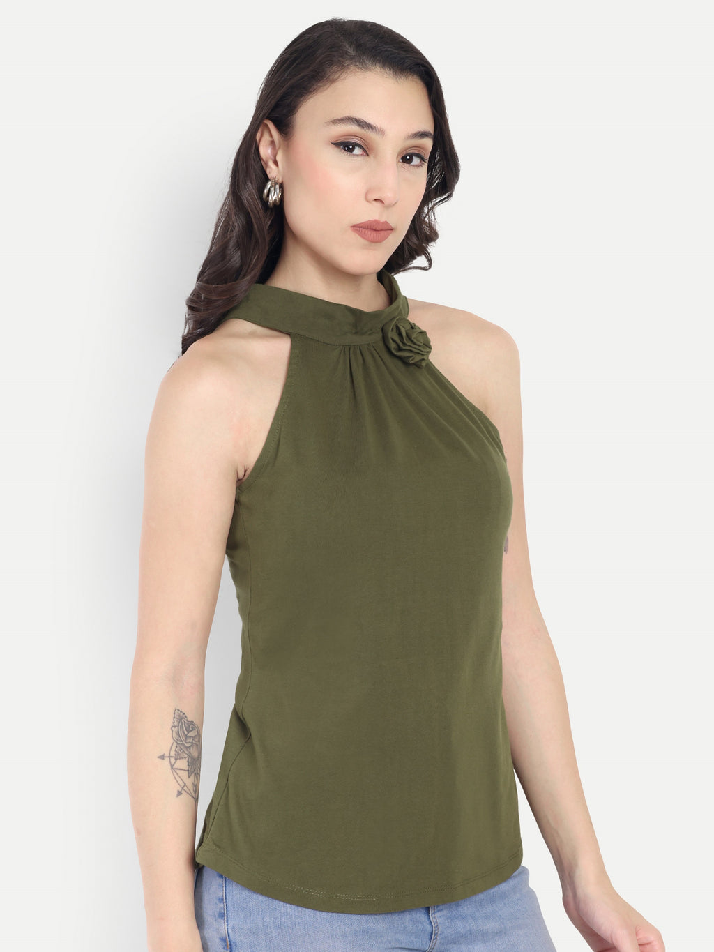 Women's Olive Halter Neck Sleeveless Top | Casual & Party Wear