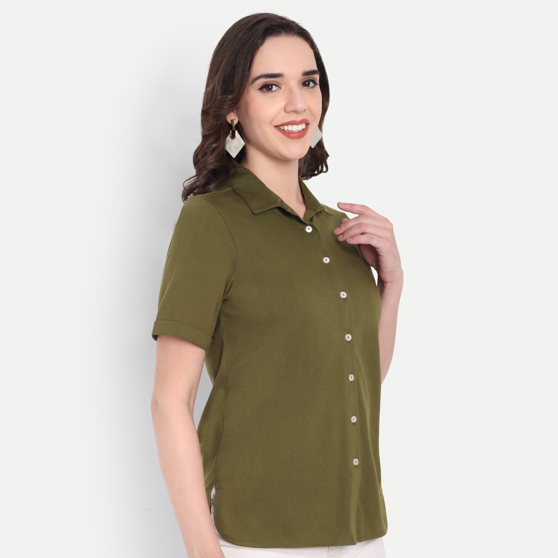 Women's Olive Casual Shirt – Short Sleeve | Button Down | Lightweight