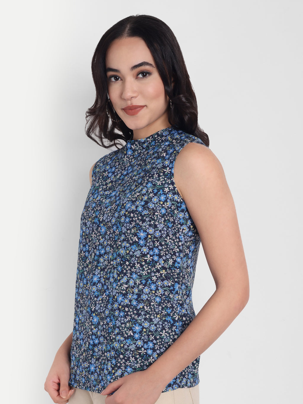 Women's Blue Printed Sleeveless Top | High Neck | Lightweight & Stylish Summer Wear