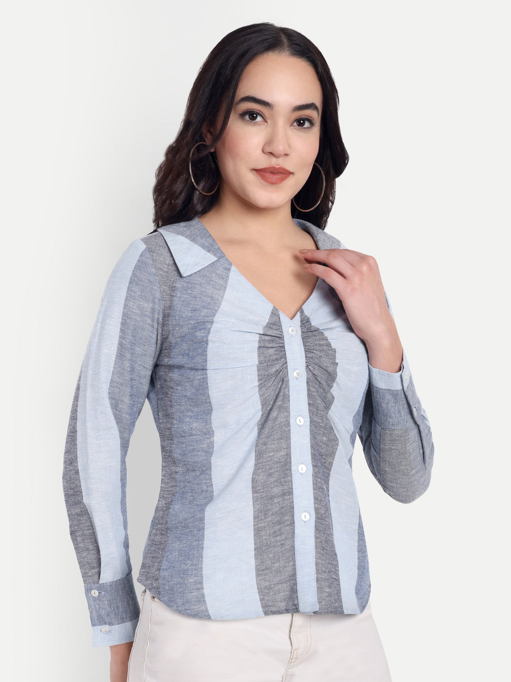 Women's Grey & Light Blue Striped Button-Down Shirt – Long Sleeve | Elegant Office & Casual Wear