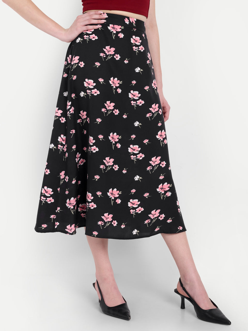 Women's Black Floral Midi Skirt | Casual & Party Wear