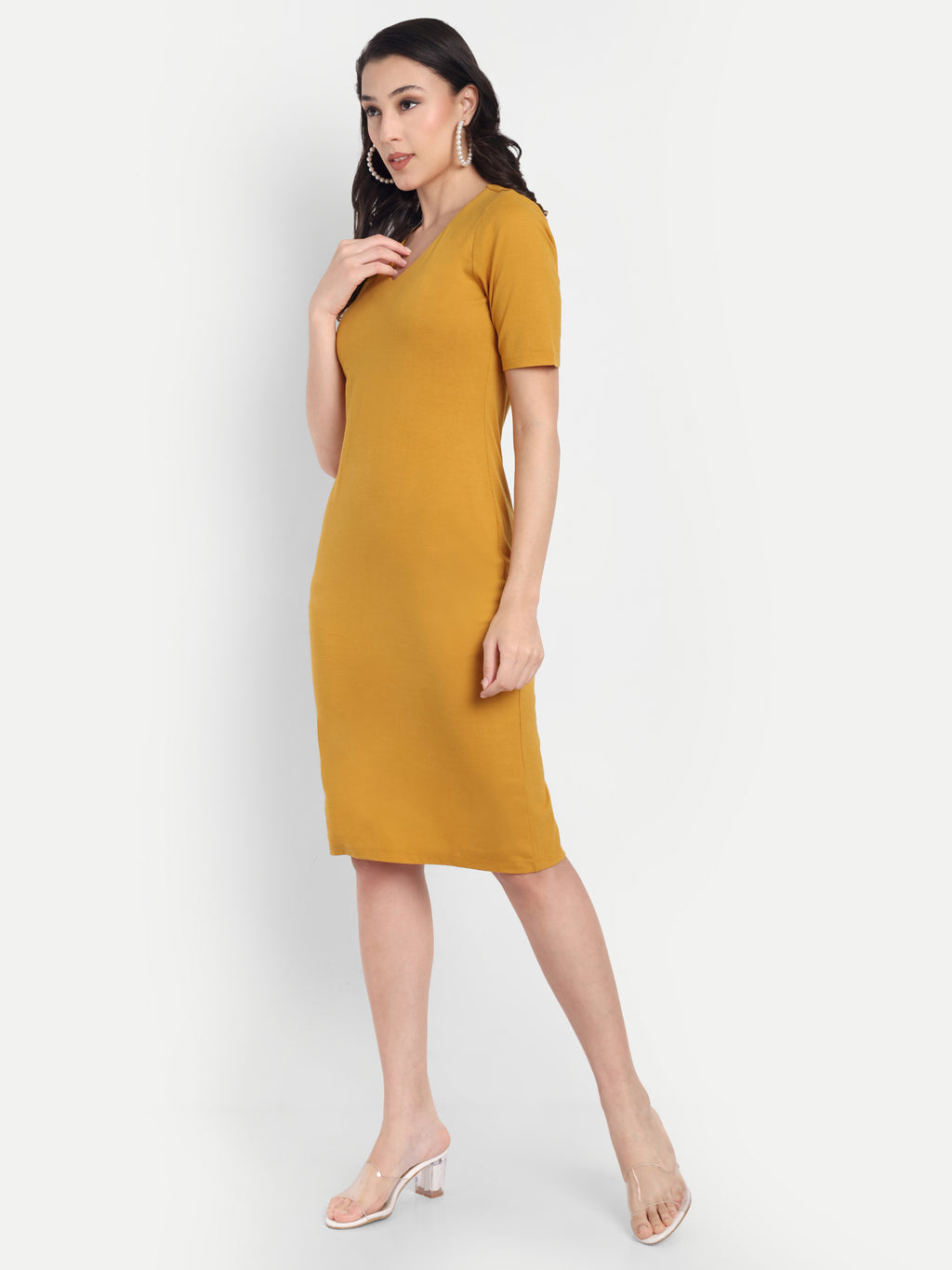 Women's Mustard Yellow Bodycon Midi Dress | V-Neck | Half Sleeve | Casual & Office Wear