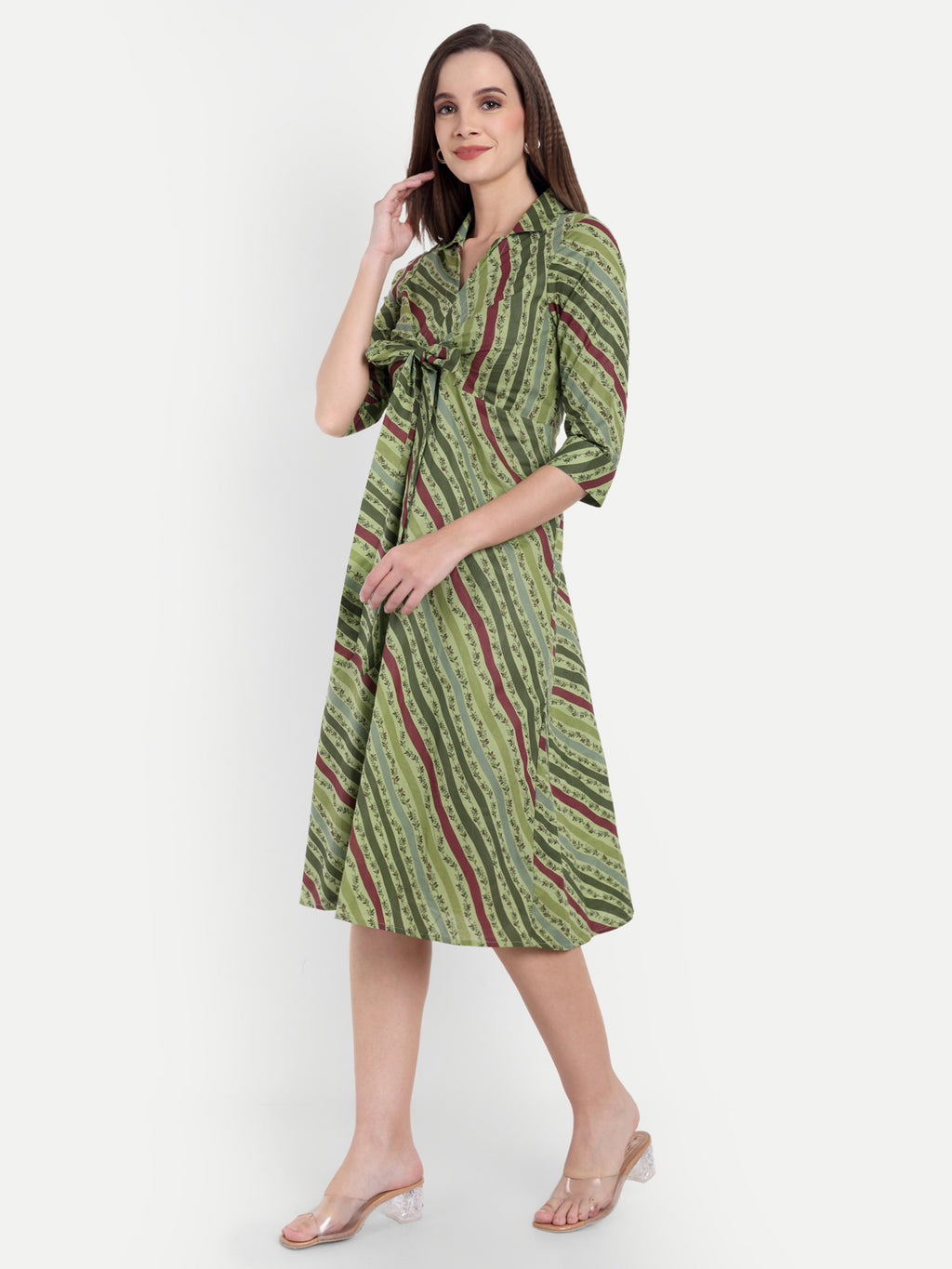 Women's Olive Striped Knee-Length Dress | Front Knot Detail | Casual & Party Wear