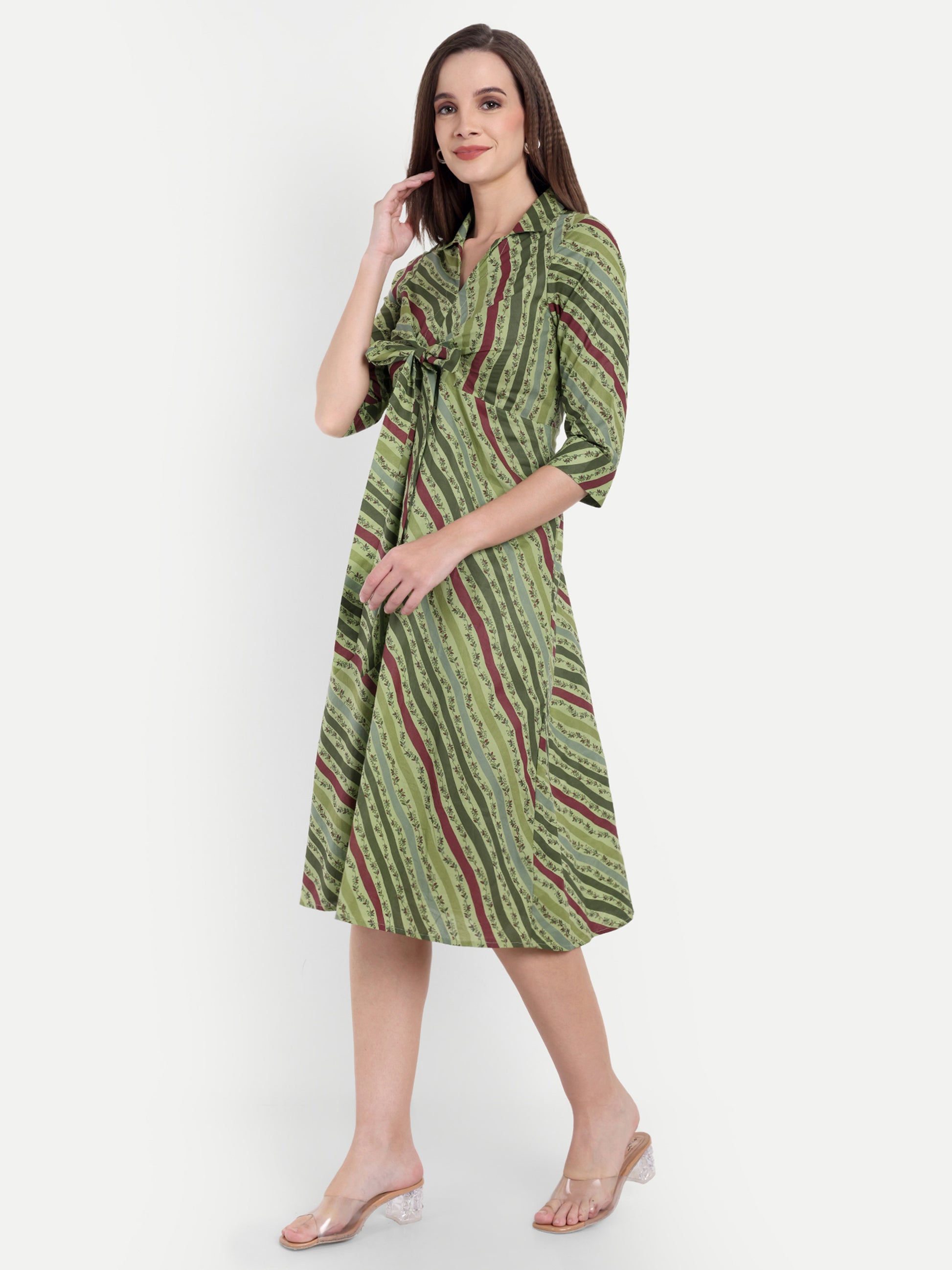 Women's Olive Striped Knee-Length Dress | Front Knot Detail | Casual & Party Wear