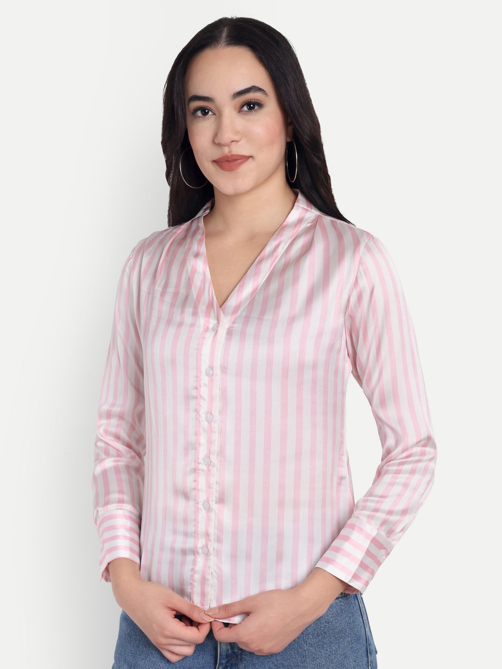 Women's Pink & White Striped Button-Down Shirt – Long Sleeve | Casual & Office Wear