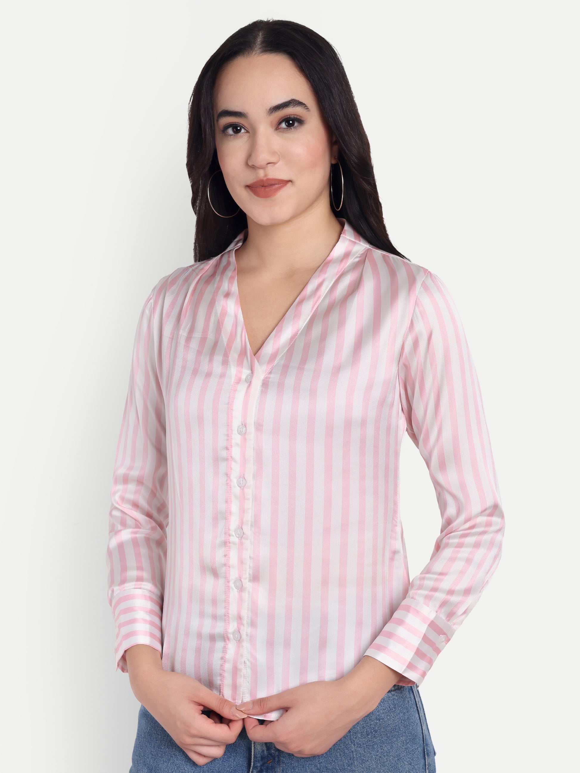 Women's Pink & White Striped Button-Down Shirt – Long Sleeve | Casual & Office Wear