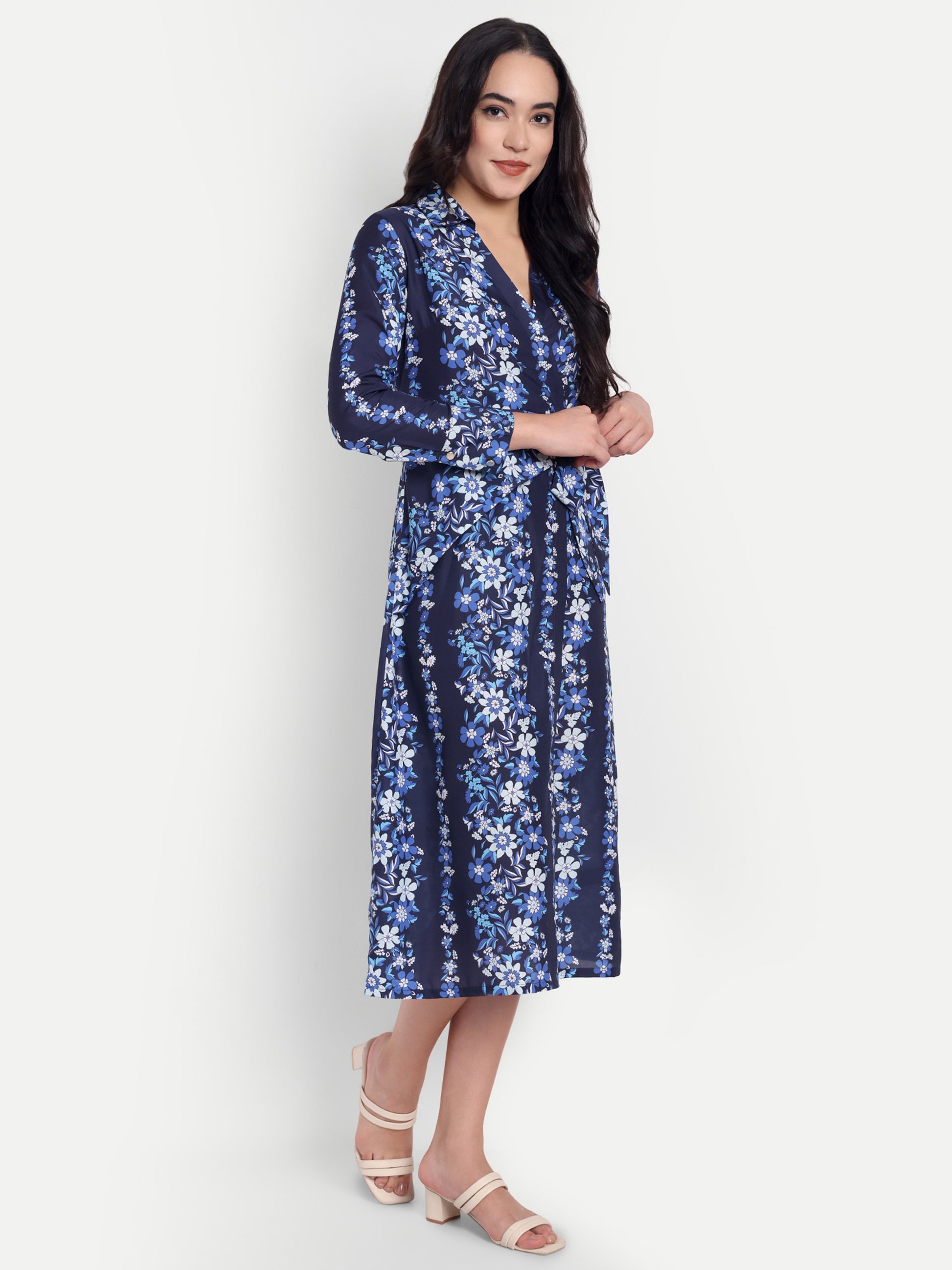 Women's  Blue Floral Dress | Long Sleeve | Belt Tie Waist