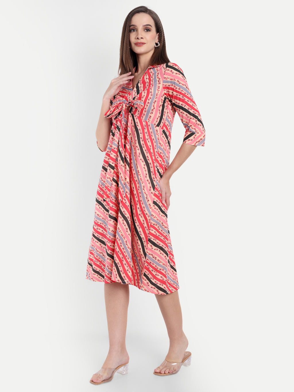 Women's Red & Pink Striped Knee-Length Dress | Front Knot Detail | Casual & Party Wear