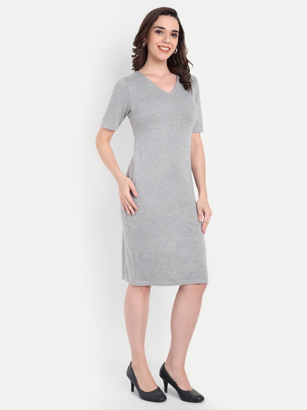 Women's Light Grey Bodycon Midi Dress | V-Neck | Half Sleeve | Casual & Office Wear