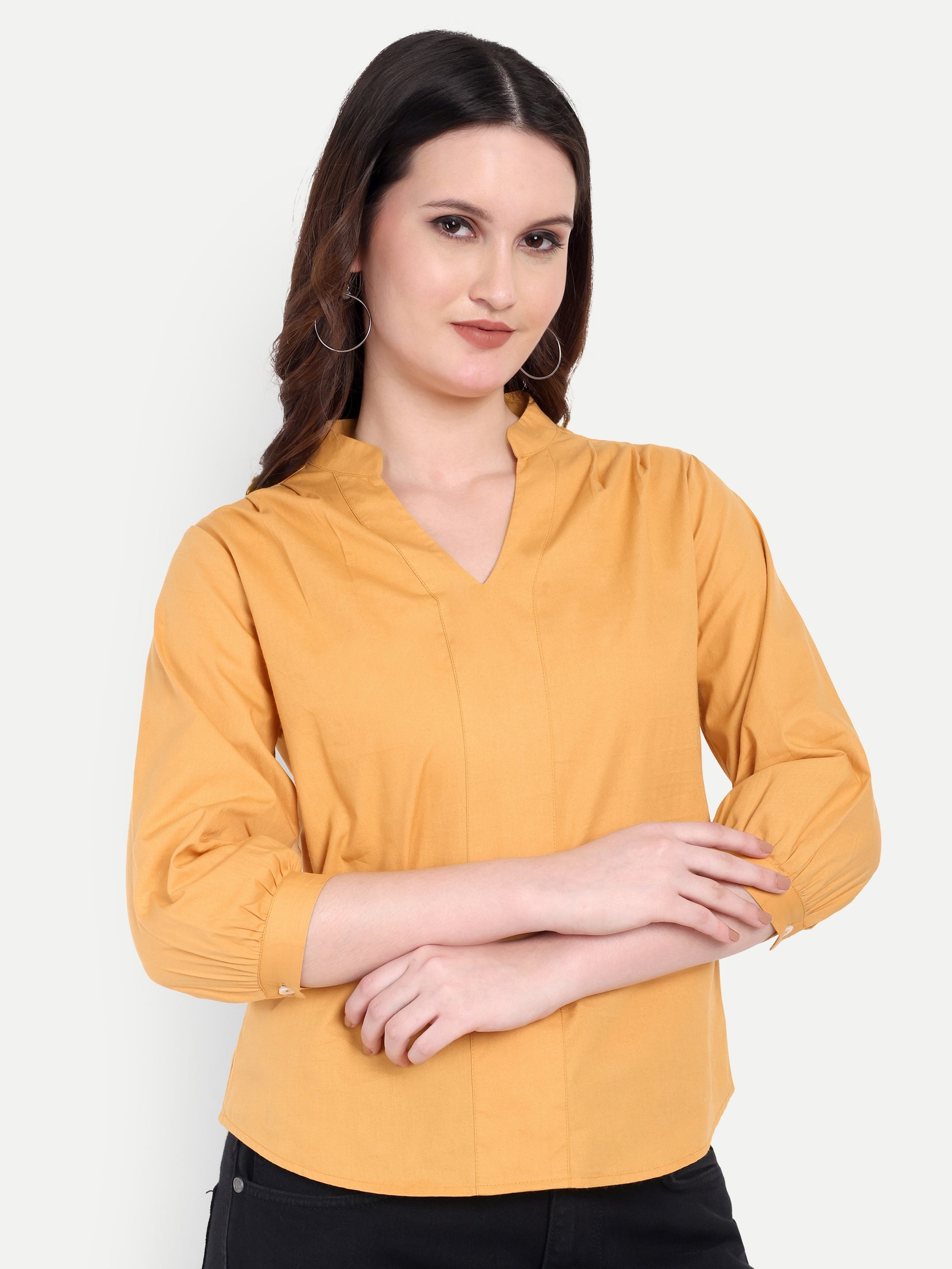 Women's Orange V-Neck 3/4 Sleeve Top | Lightweight Cotton Blend | Elegant Everyday Wear