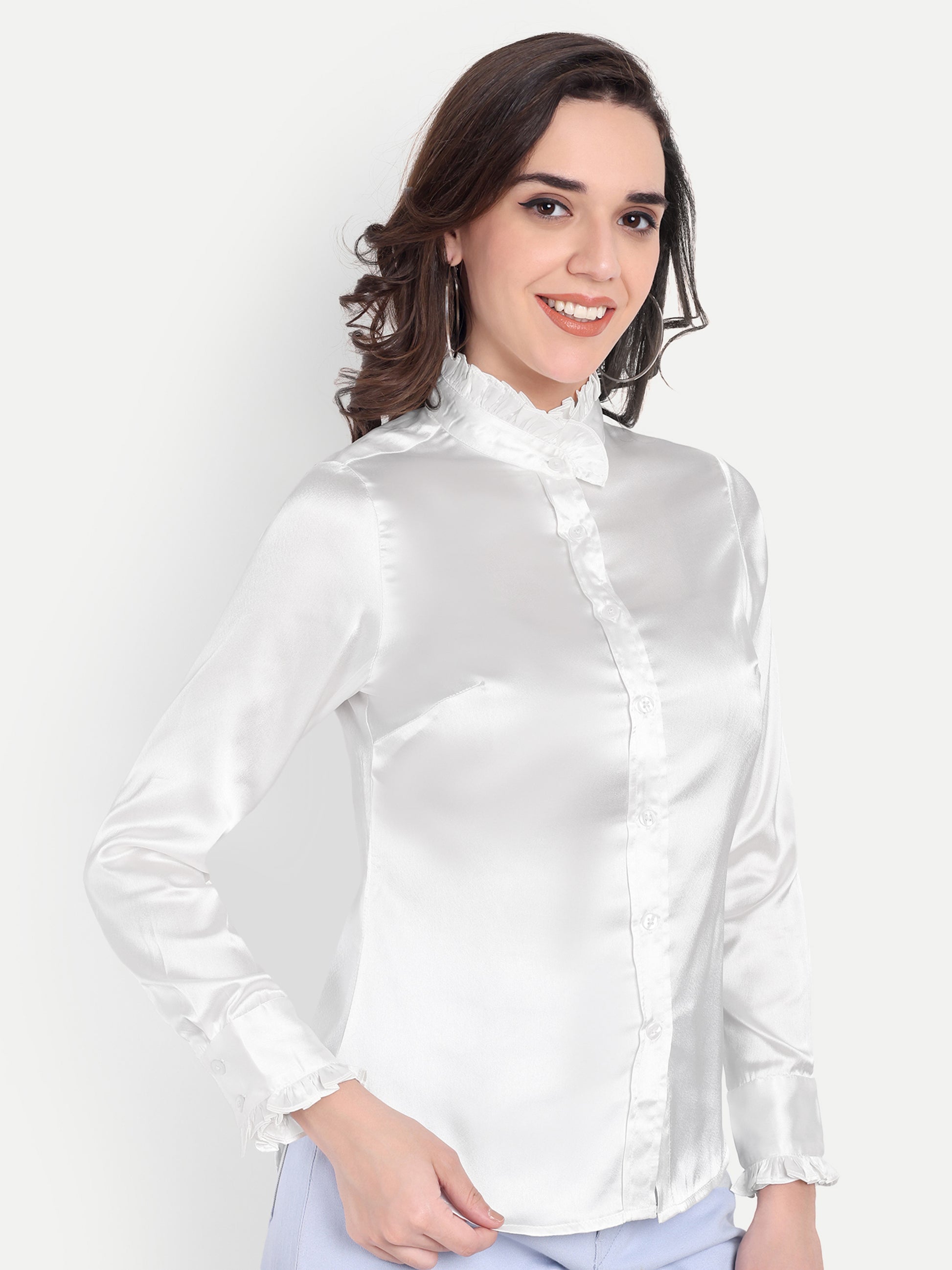 Women's white Ruffle Collar Shirt | Elegant Formal & Casual Top with Long Sleeves
