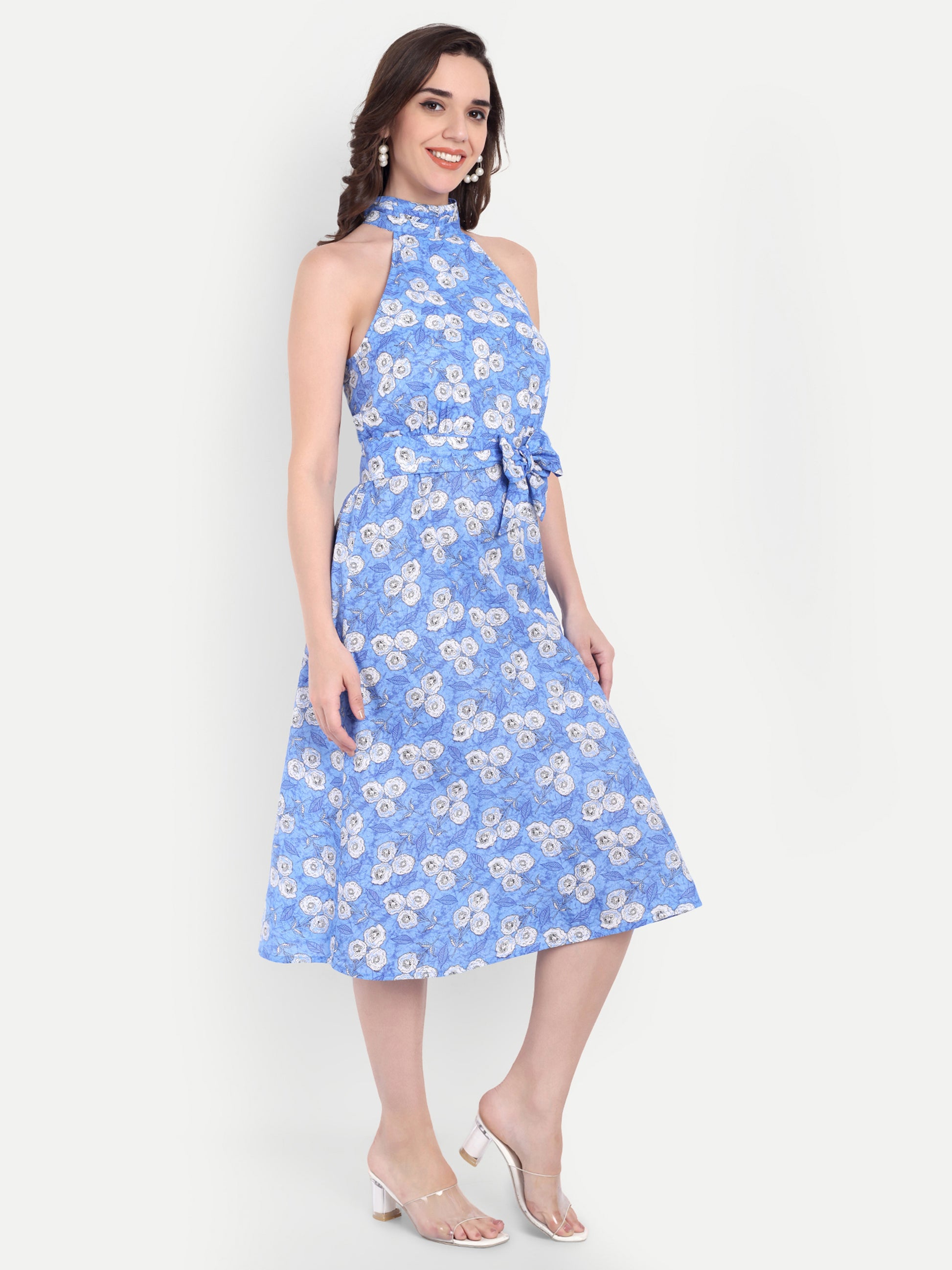 Women's blue & White Floral Halter Neck Midi Dress | Belted Waist | Resort & Summer Wear (Copy)