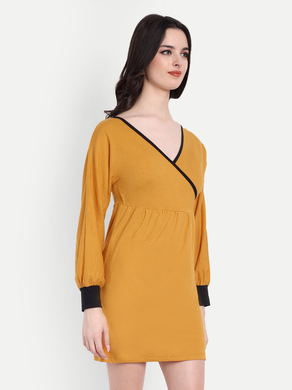Women's Yellow Bodycon Mini Dress | V-Neck | Long Sleeve | Casual & Party Wear