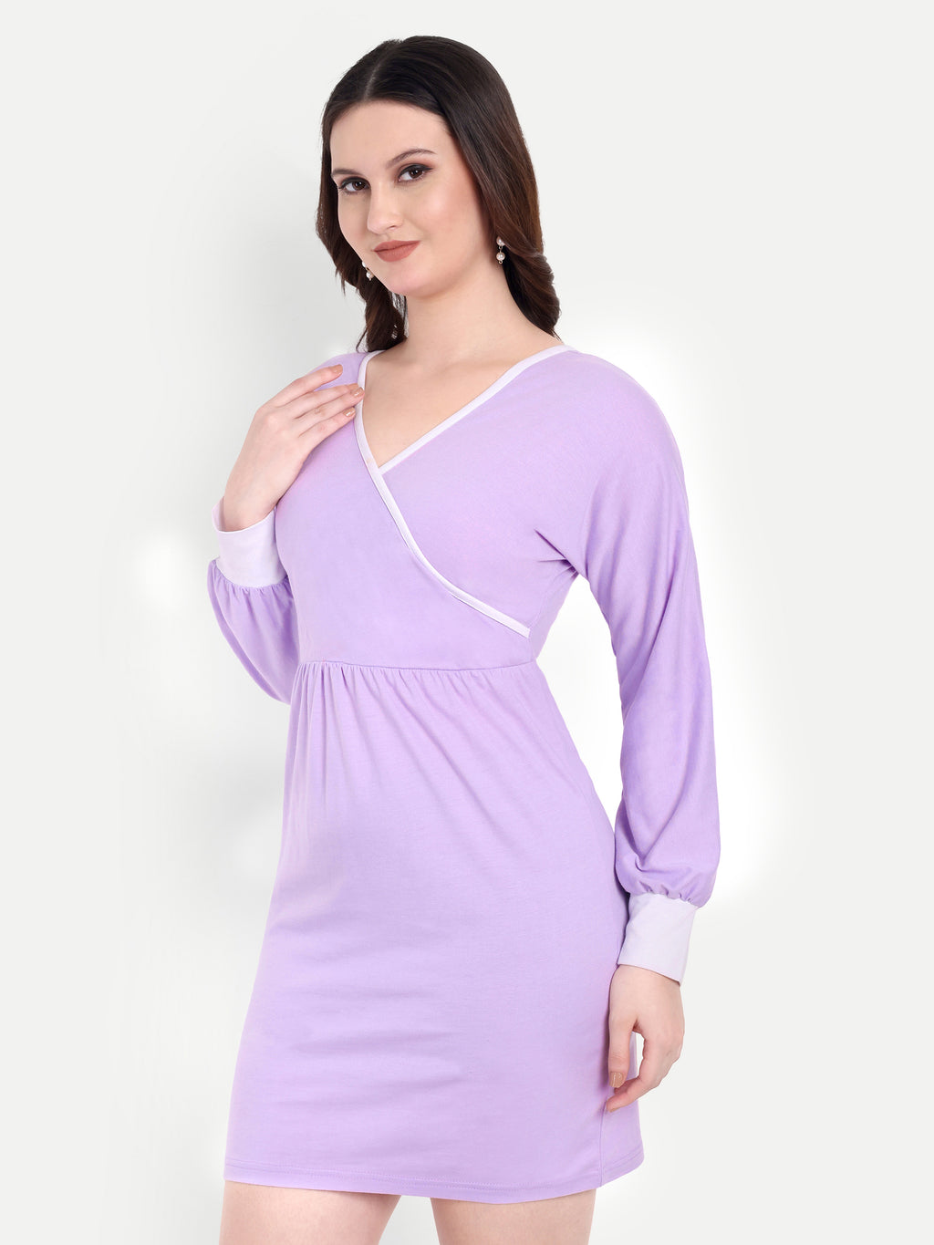 Women's Lilac Bodycon Mini Dress | V-Neck | Long Sleeve | Casual & Party Wear