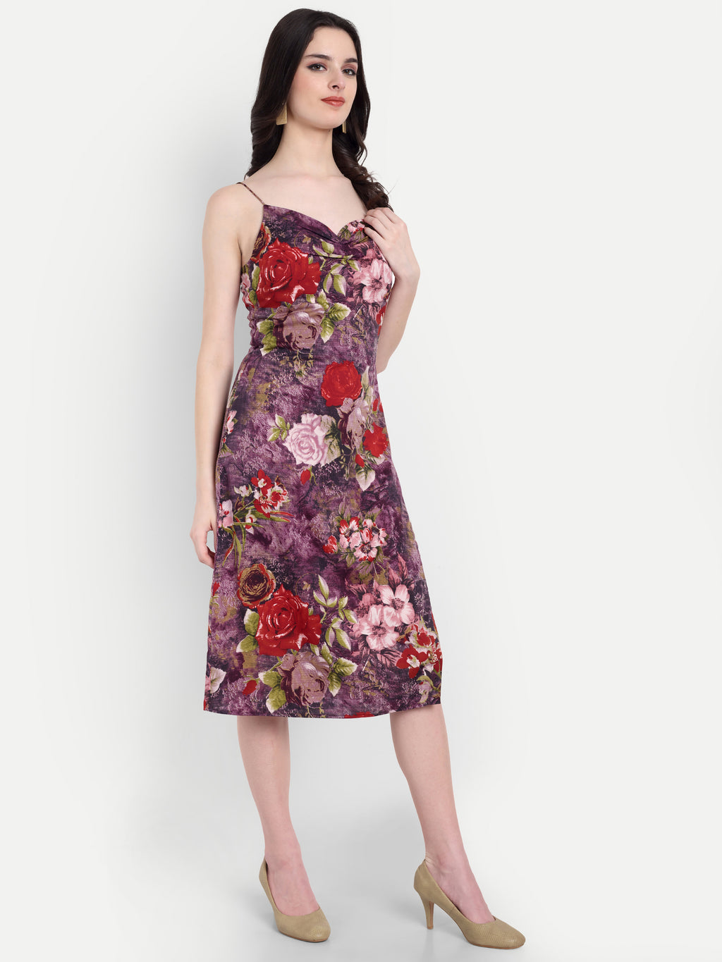 Women's Floral Print Slip Dress with Side Slit | Elegant Midi Dress for Party & Casual Wear