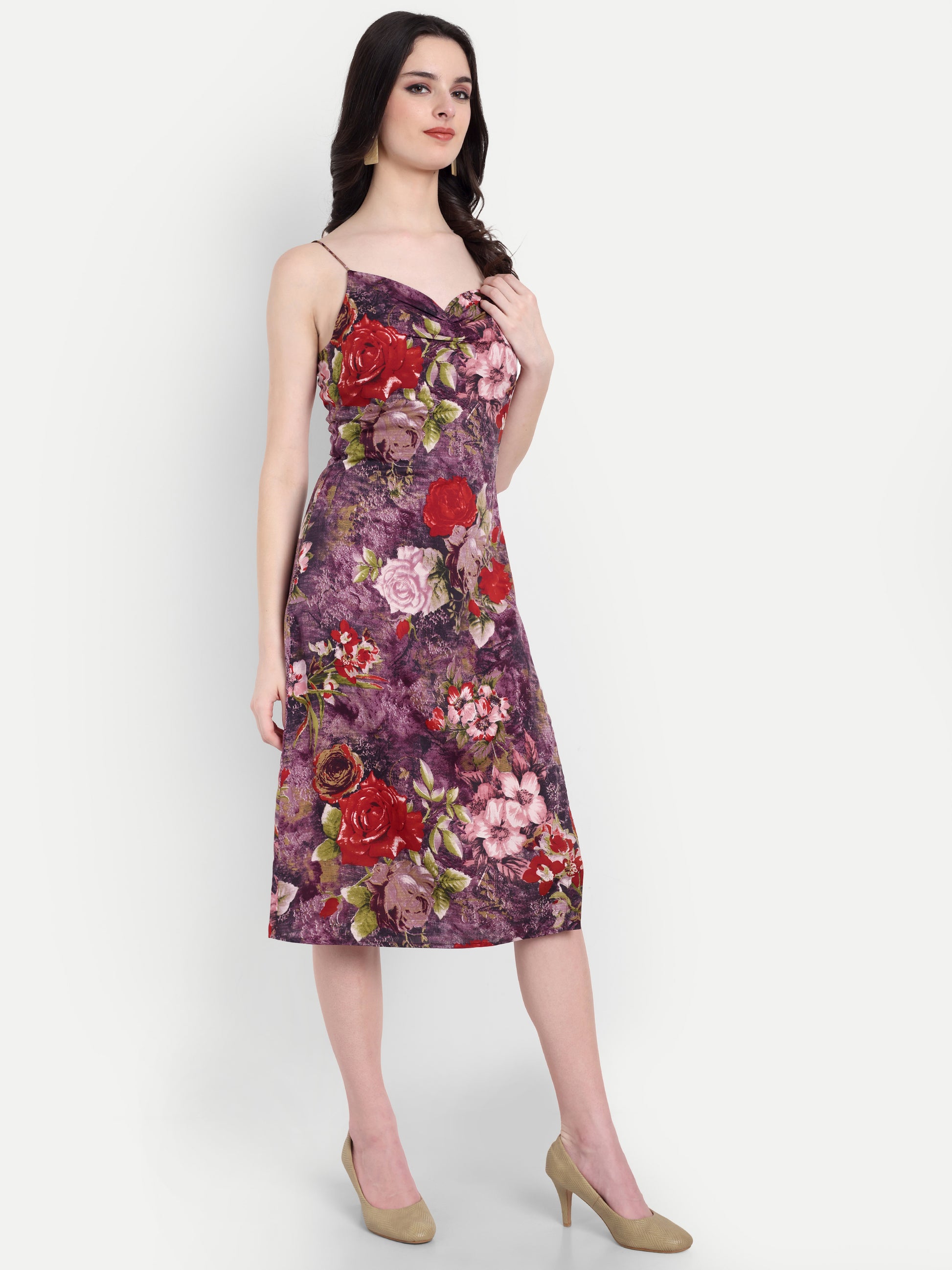 Women's Floral Print Slip Dress with Side Slit | Elegant Midi Dress for Party & Casual Wear