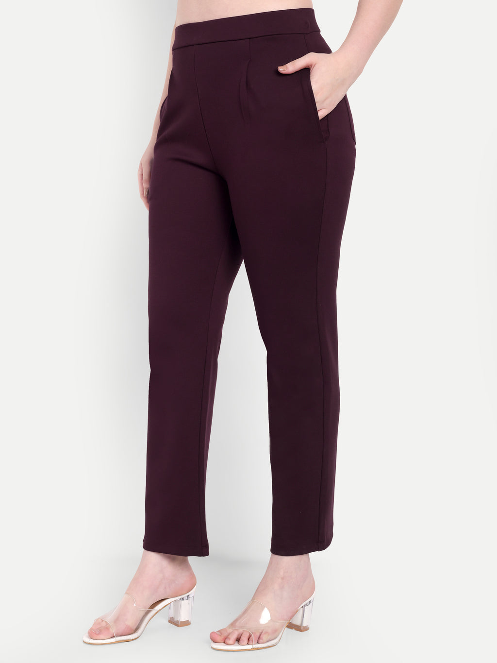 Women's Maroon Slim-Fit Cigarette Pants – Mid-Rise | Formal & Casual Wear