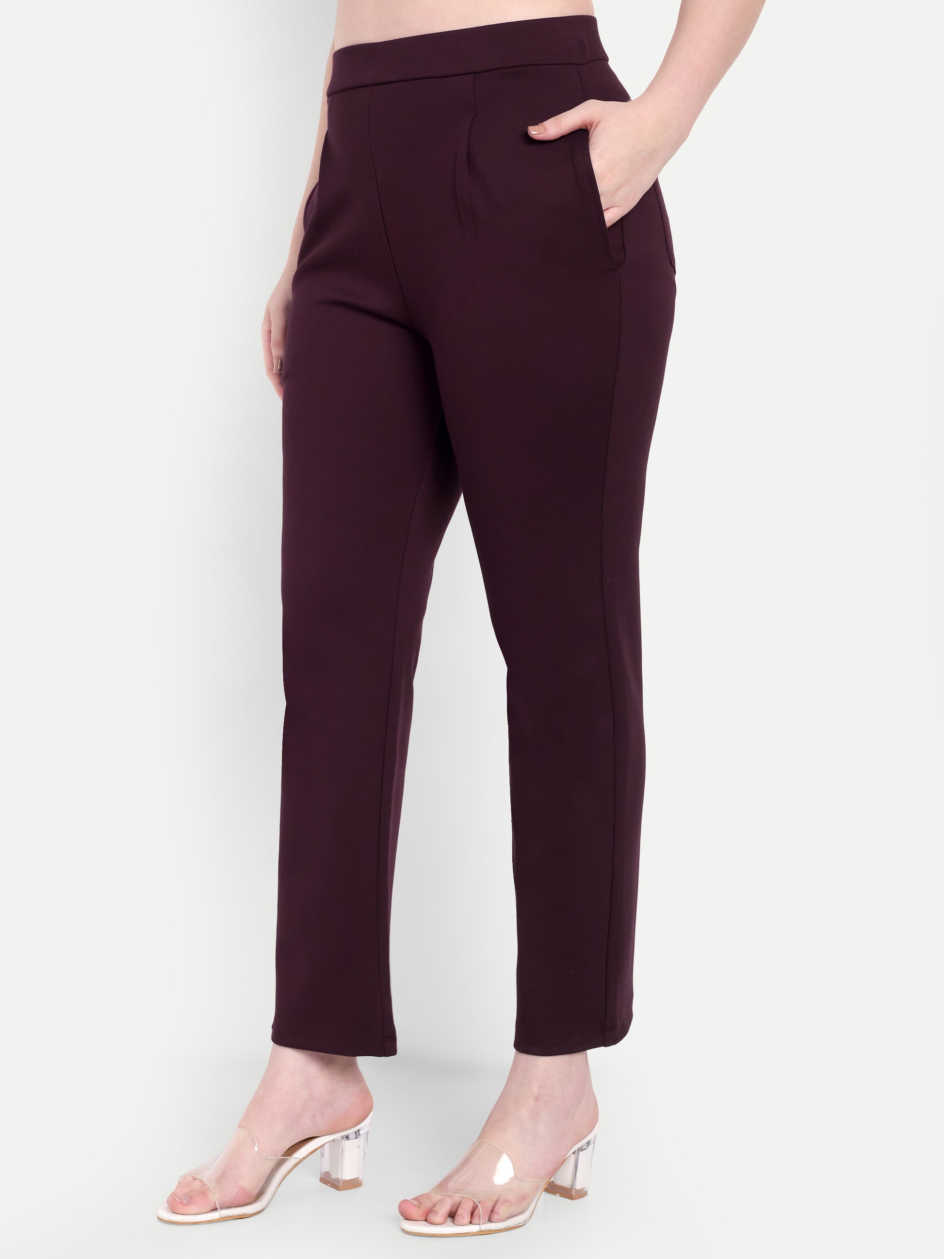 Women's Maroon Slim-Fit Cigarette Pants – Mid-Rise | Formal & Casual Wear