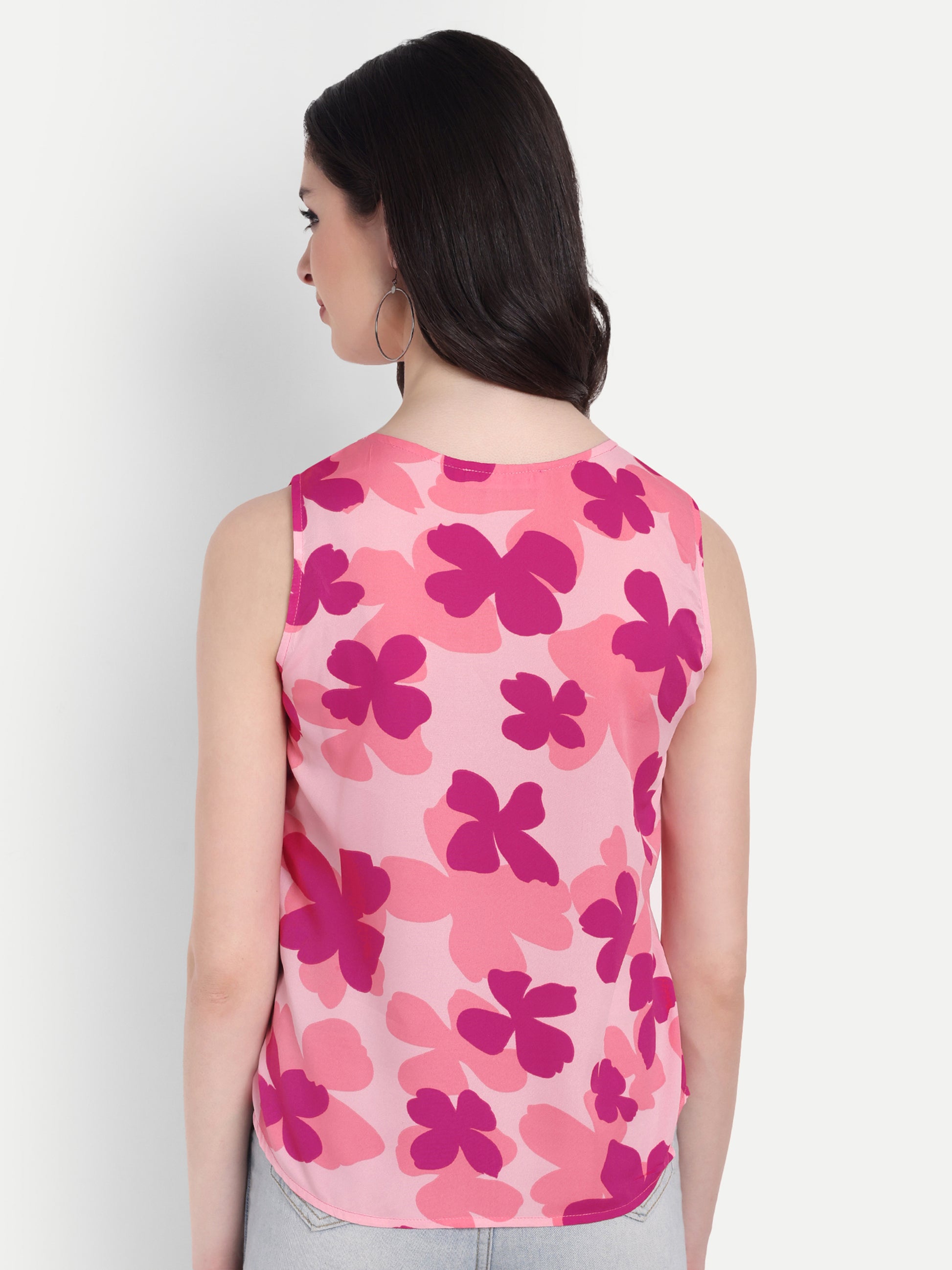 Women's Pink Floral Print Sleeveless Top | Round Neck | Lightweight Casual Summer Wear