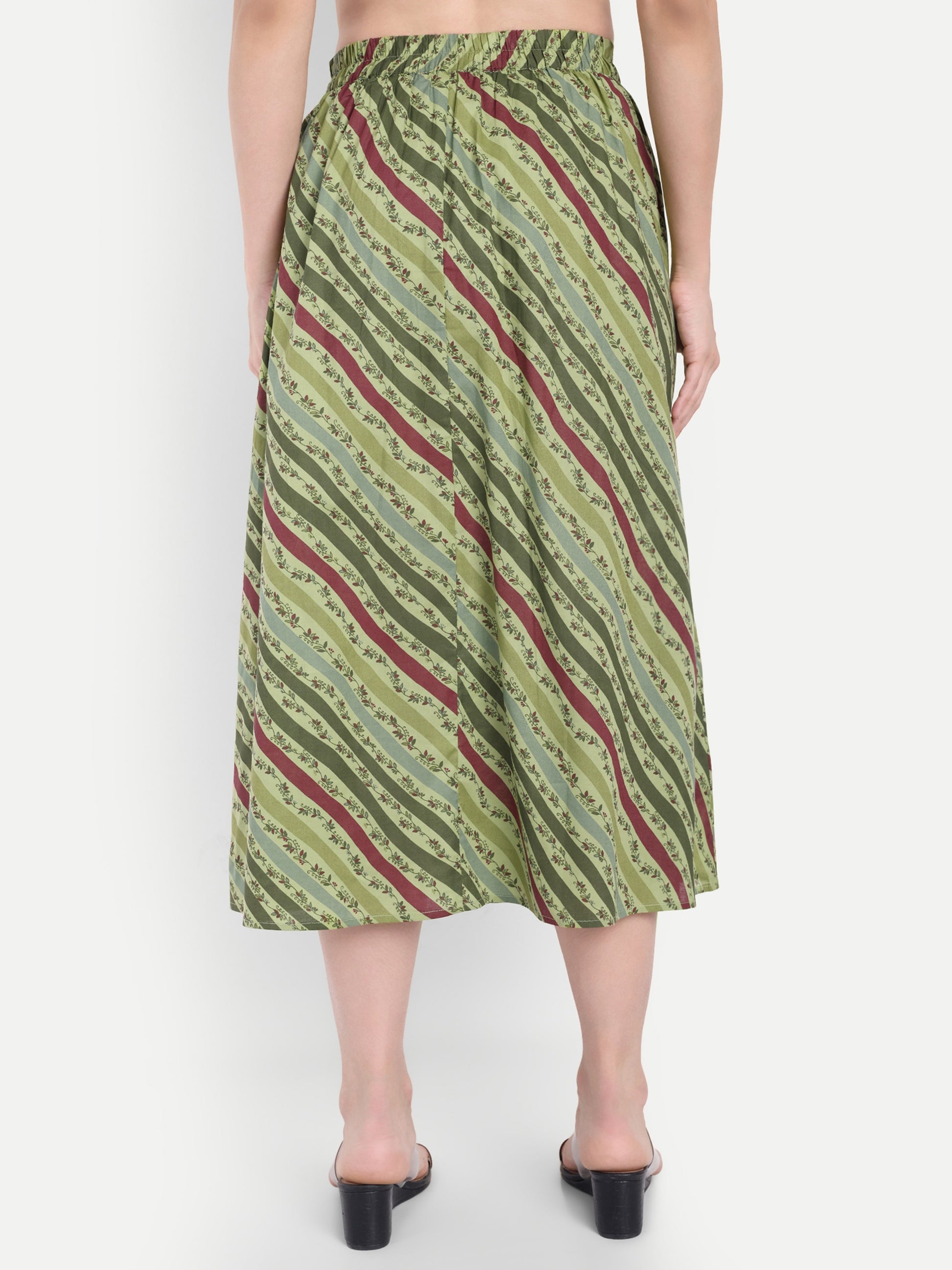 Women's Olive Striped A-Line Midi Skirt | Casual & Party Wear
