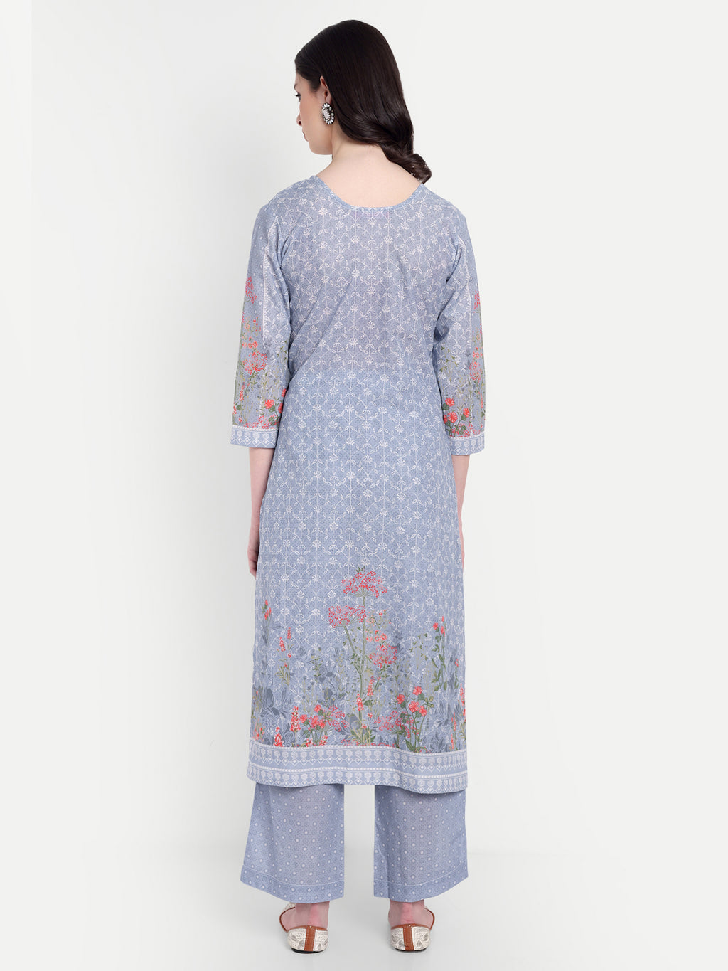 Women's Grey And White Floral Printed Kurta with Straight Pants | Cotton Blend | Ethnic Wear