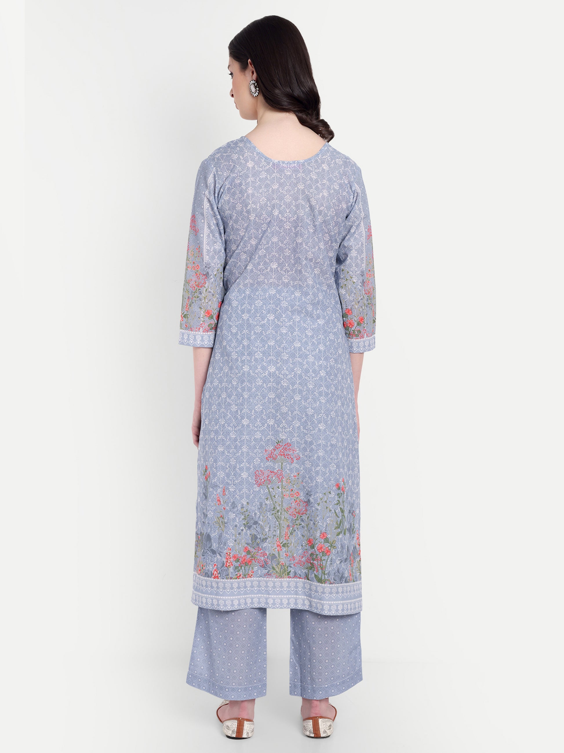 Women's Grey And White Floral Printed Kurta with Straight Pants | Cotton Blend | Ethnic Wear