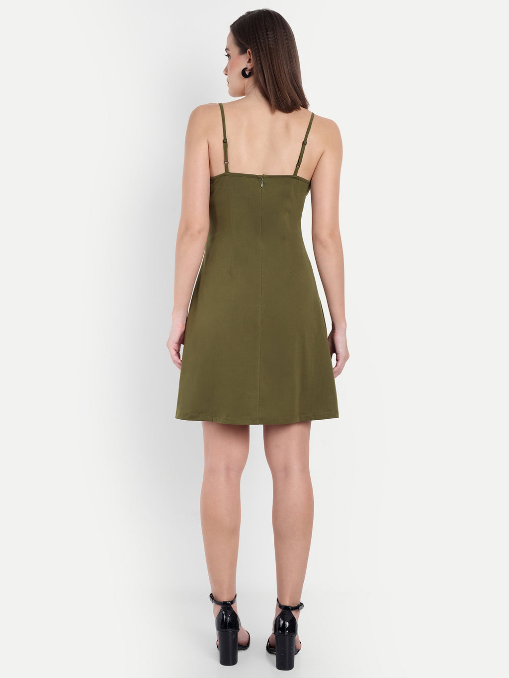 Women's Olive A-Line Mini Dress | Sleeveless Cowl Neck | Casual & Party Wear