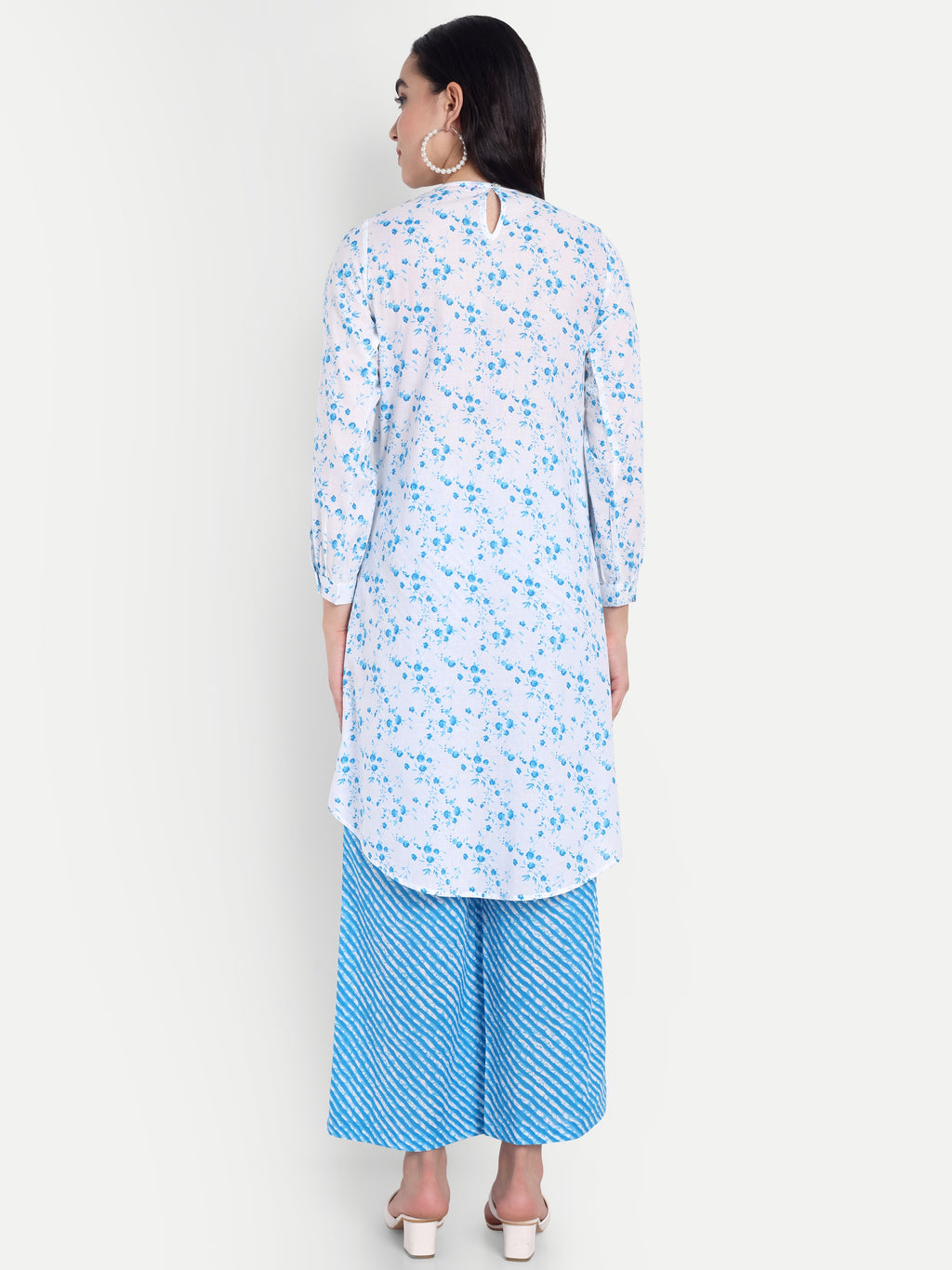 Women's Blue Printed Ethnic Co-ord Set | Asymmetrical Long Kurta with Wide-Leg Pants