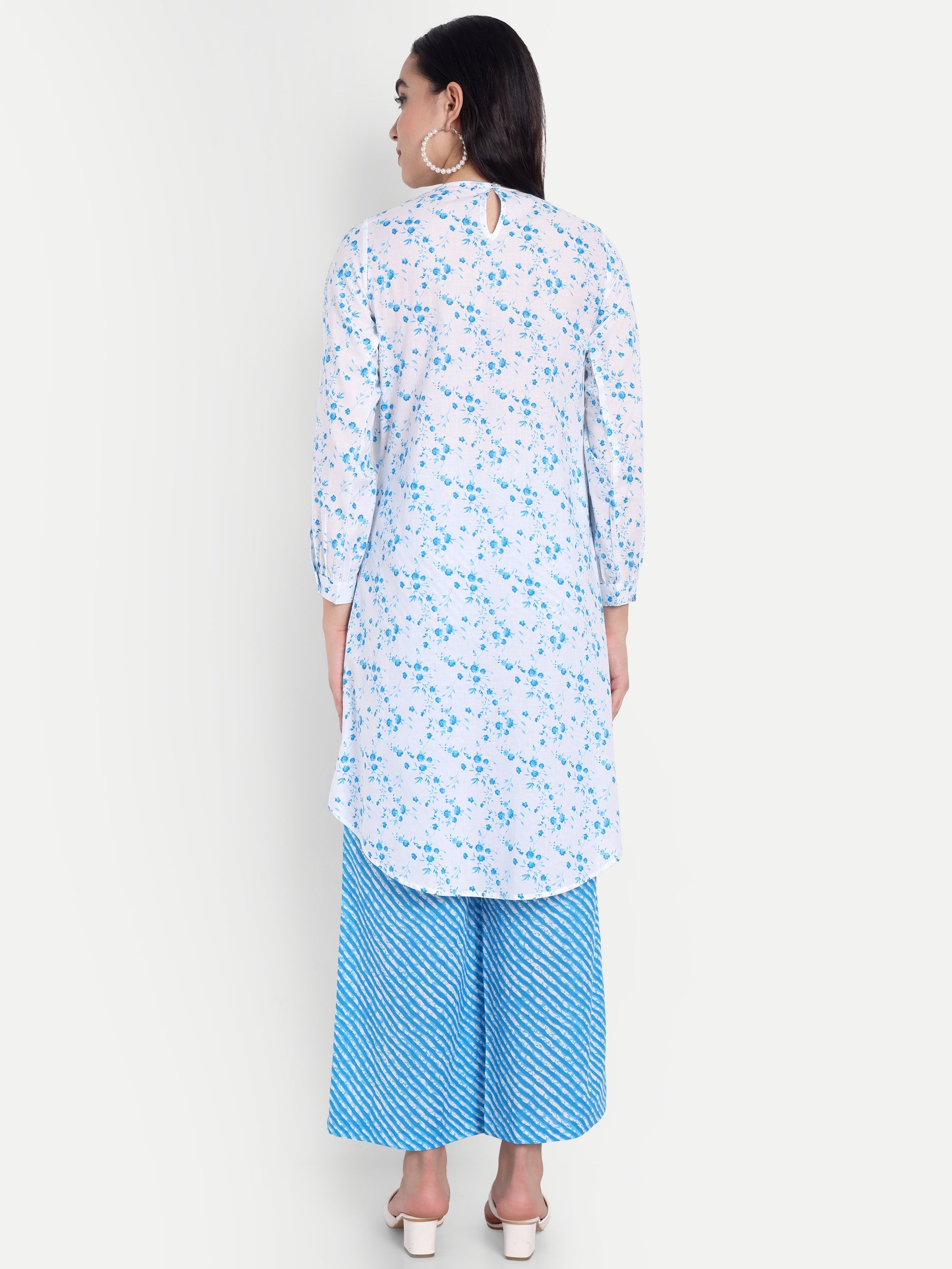 Women's Blue Printed Ethnic Co-ord Set | Asymmetrical Long Kurta with Wide-Leg Pants