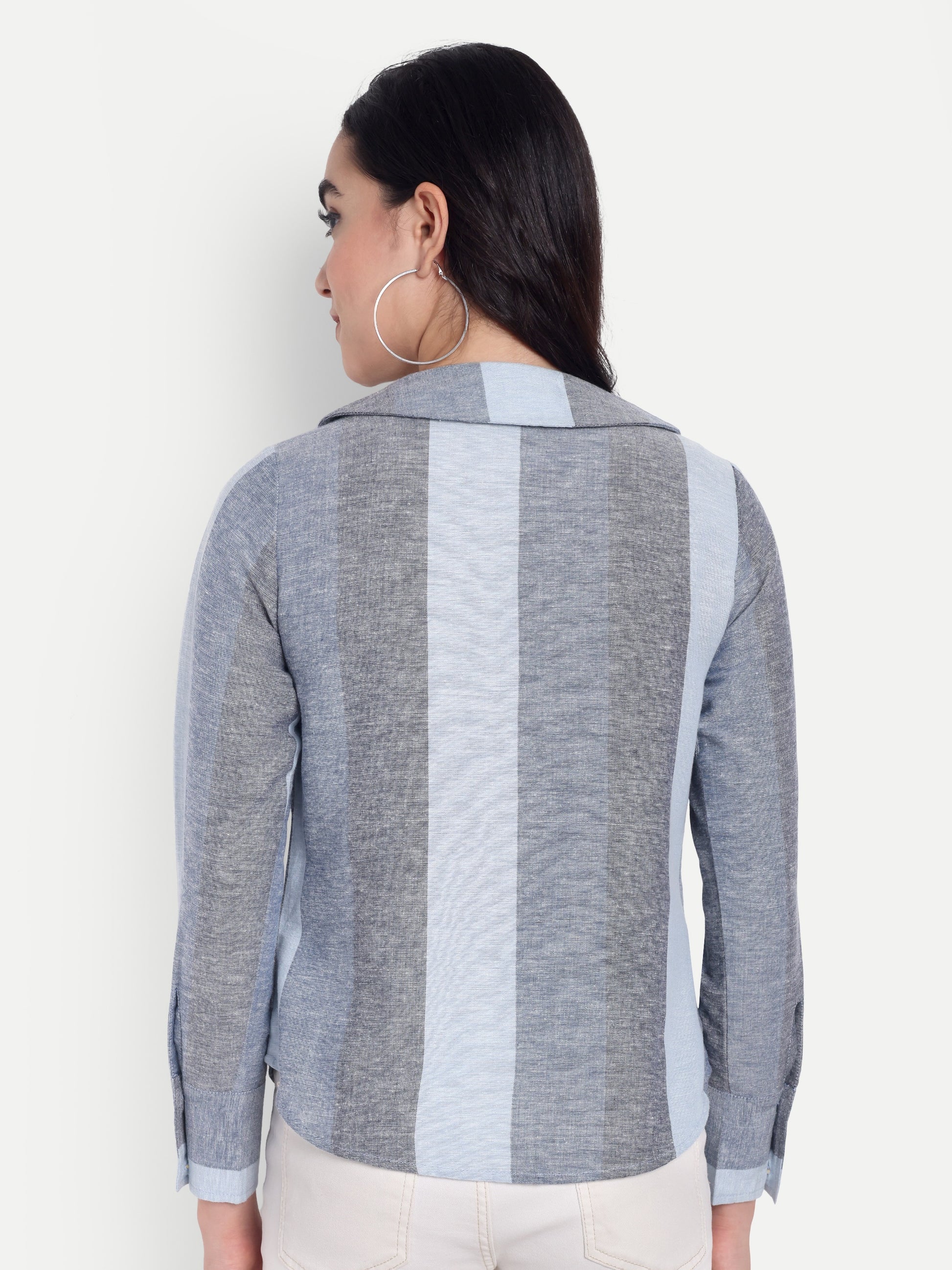 Women's Grey & Light Blue Striped Button-Down Shirt – Long Sleeve | Elegant Office & Casual Wear