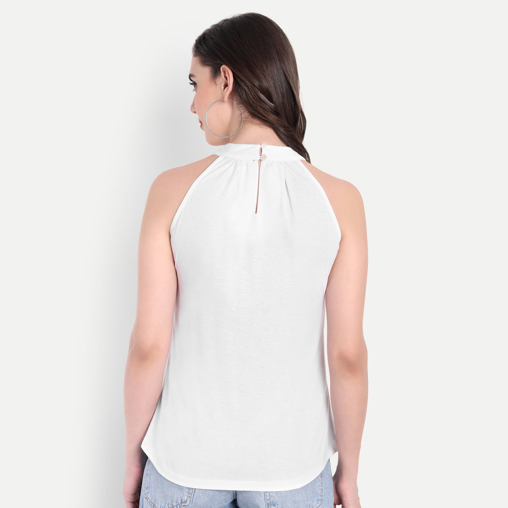 FairLeaf Women's white Top with Button-Down High Neckline| Sleeveless Elegant Summer Tunic for Casual, & Office Wear| Stylish White Tops for Women