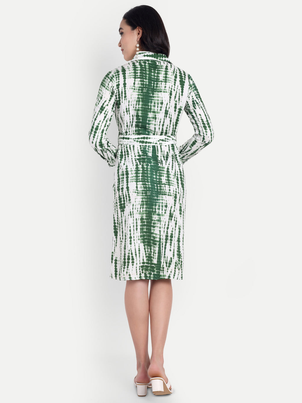 Green & White Tie-Dye Shirt Dress with Belt
