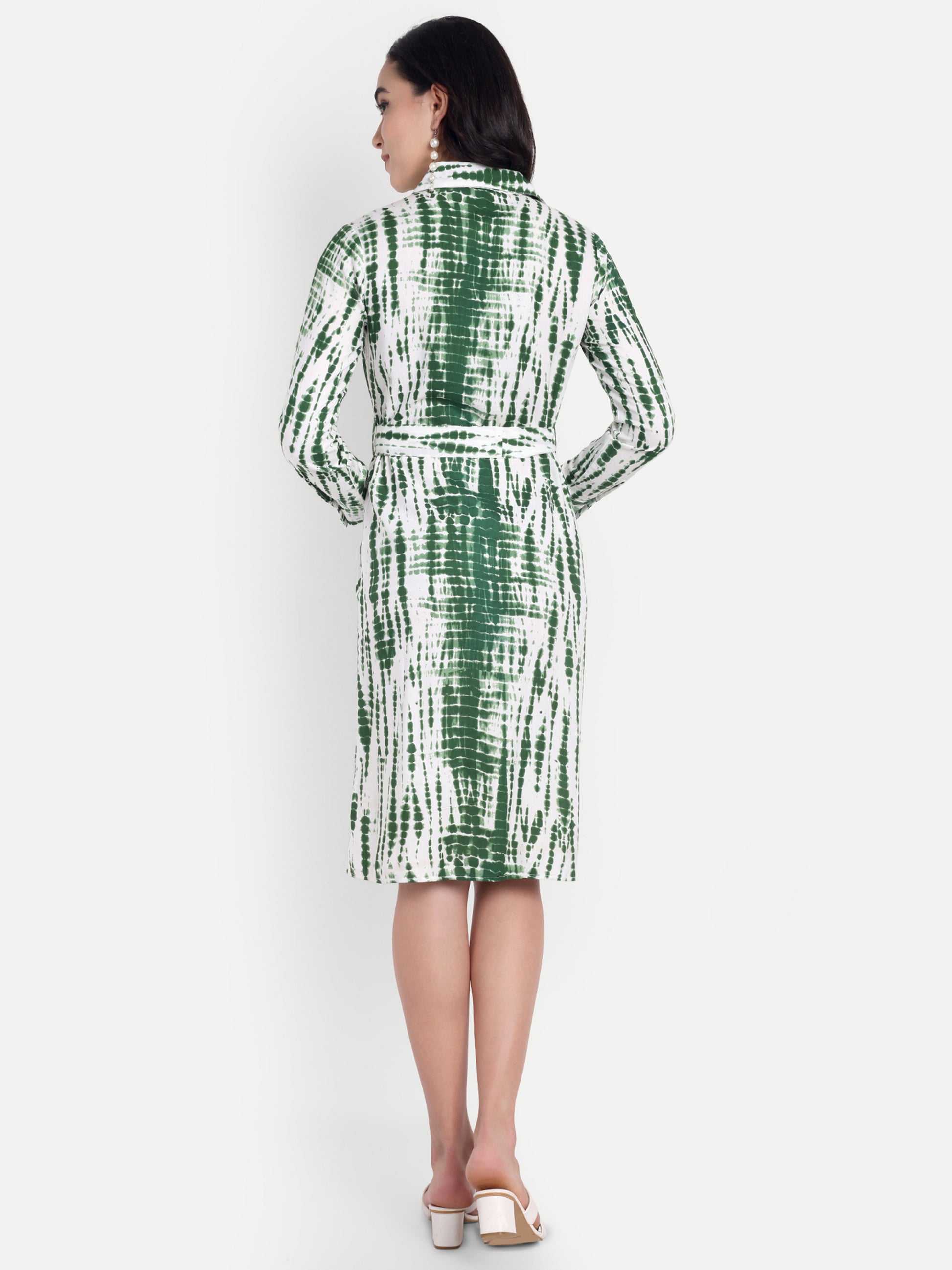 Green & White Tie-Dye Shirt Dress with Belt