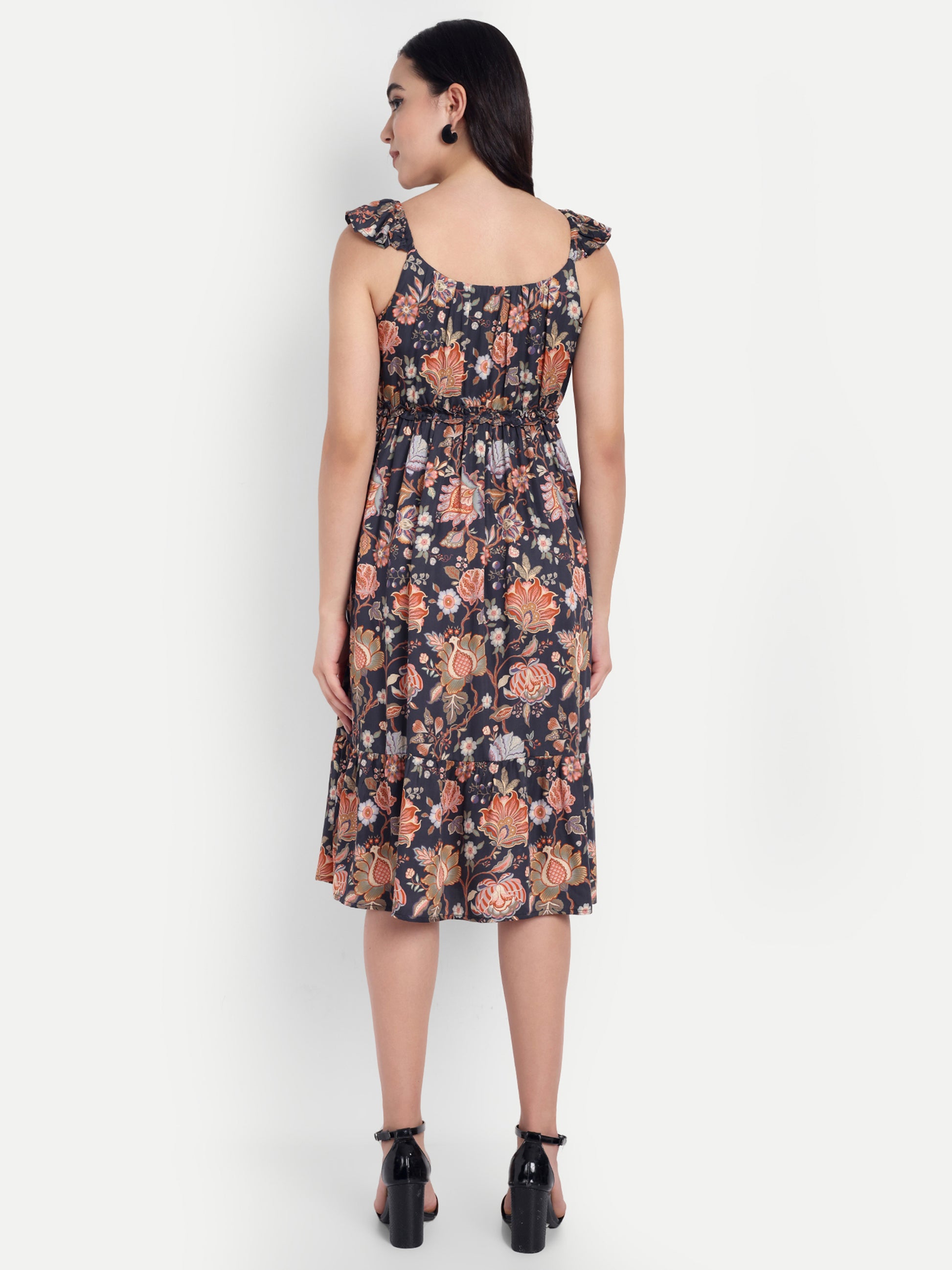 Women's Black Floral Midi Dress | Sleeveless Ruffle Straps | Elegant Casual & Summer Wear