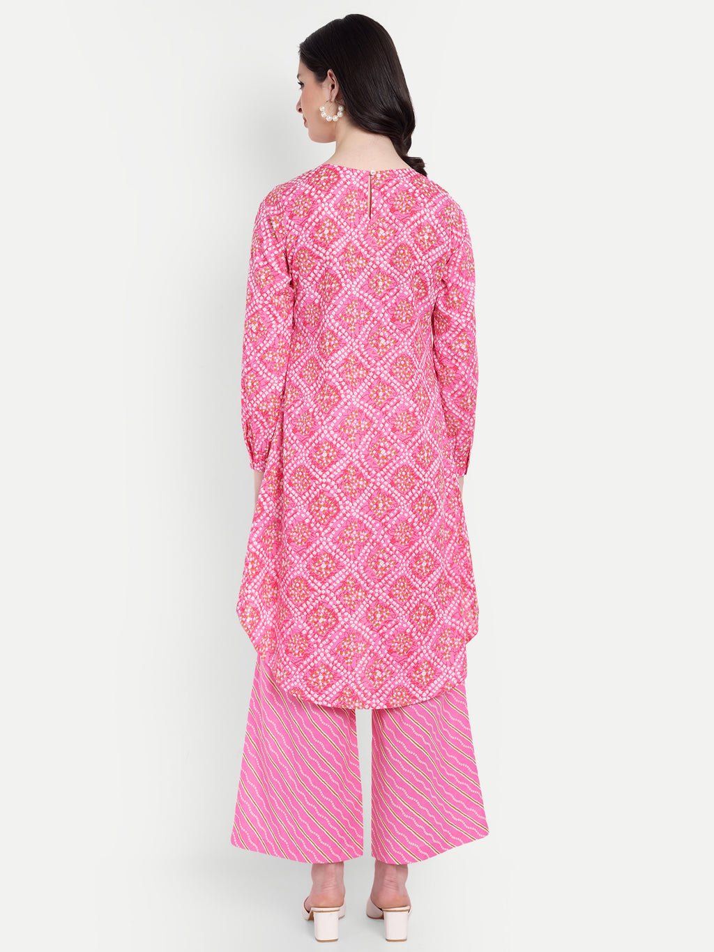 Women's Pink Printed Ethnic Co-ord Set | Asymmetrical Long Kurta with Wide-Leg Pants