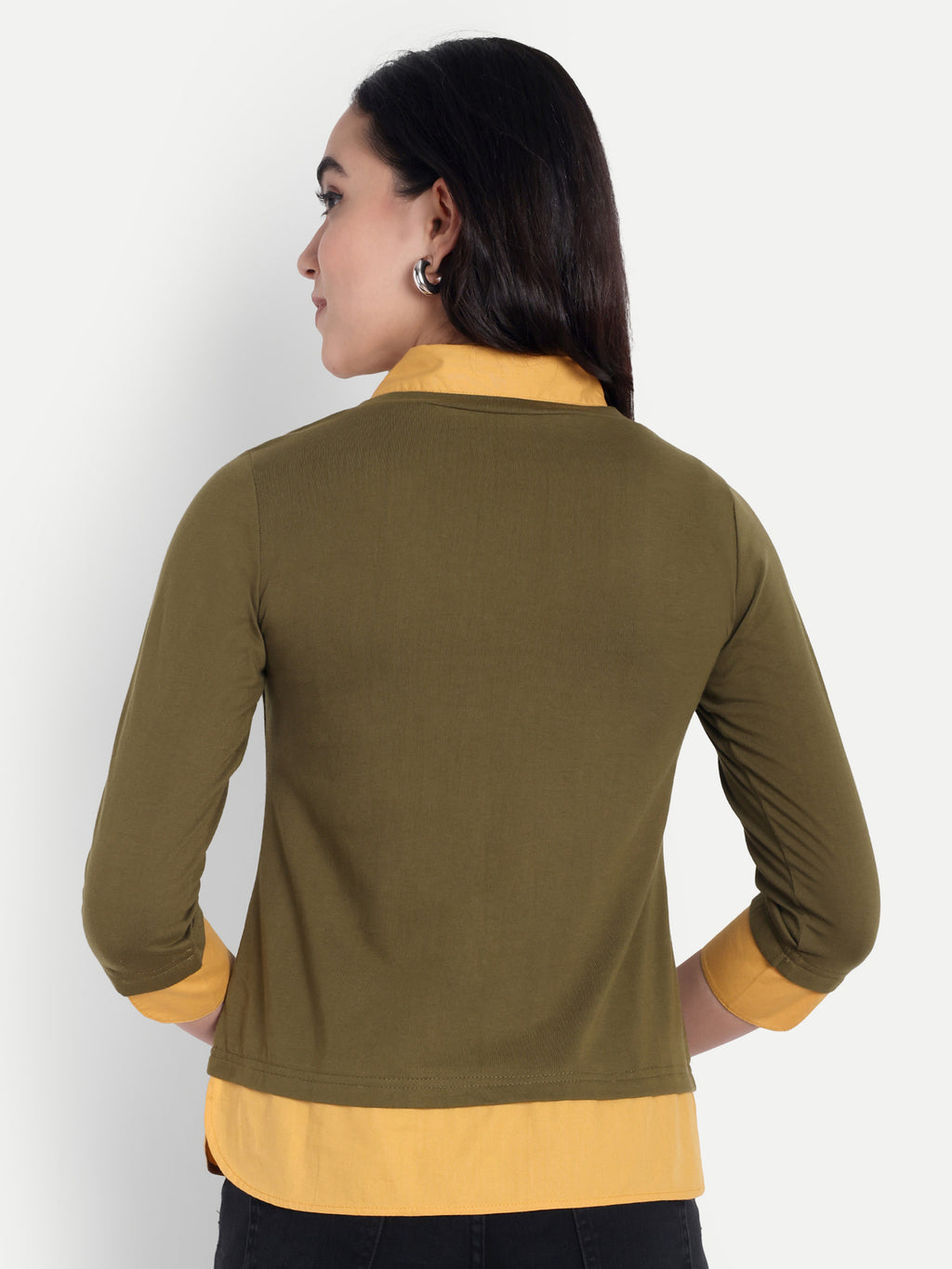 Women's Olive Layered Look Top with Orange Shirt Collar & 3/4 Sleeves