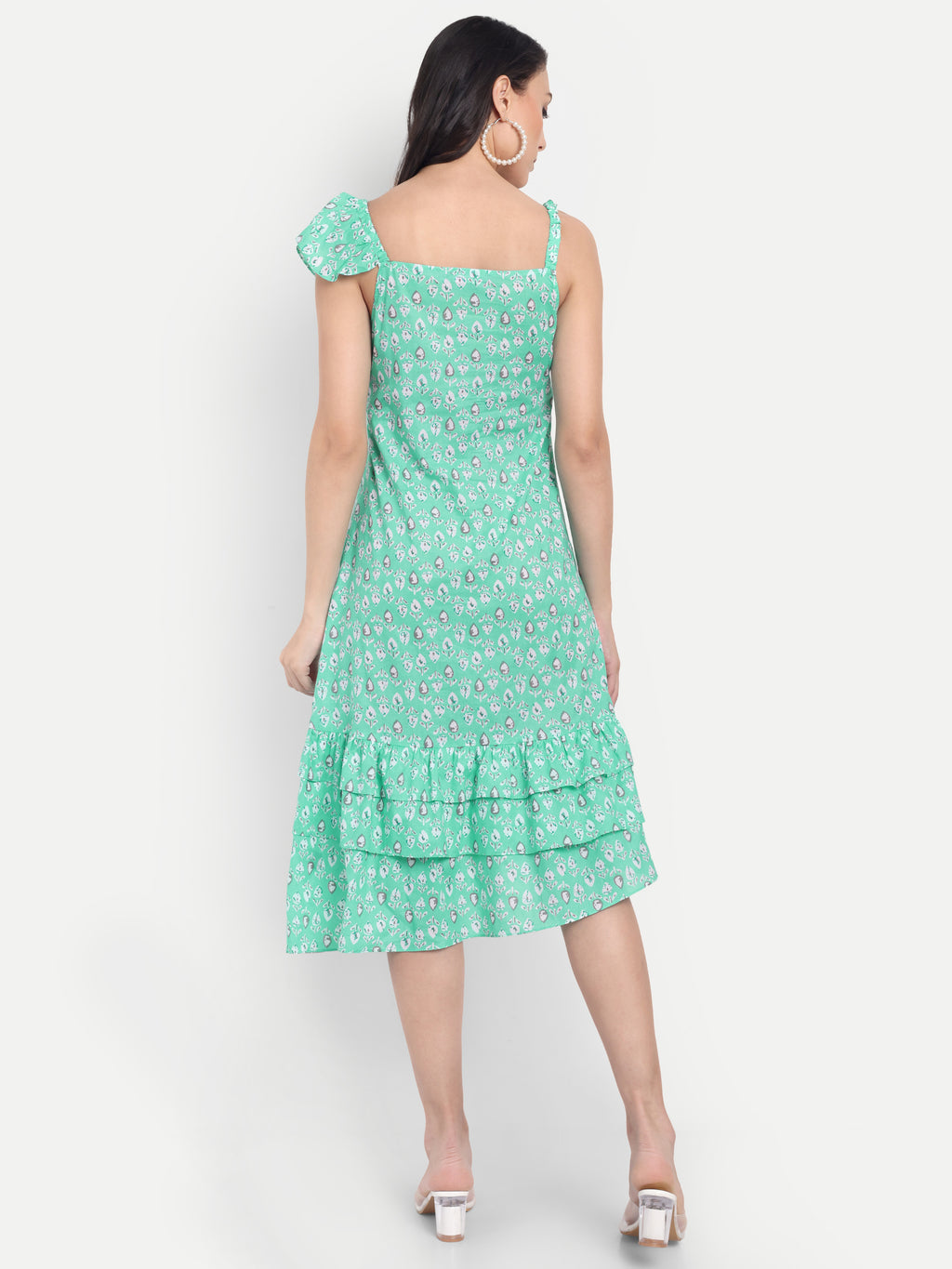 Women's Green Printed One-Shoulder Ruffle Dress | Sleeveless | Stylish Summer & Party Wear