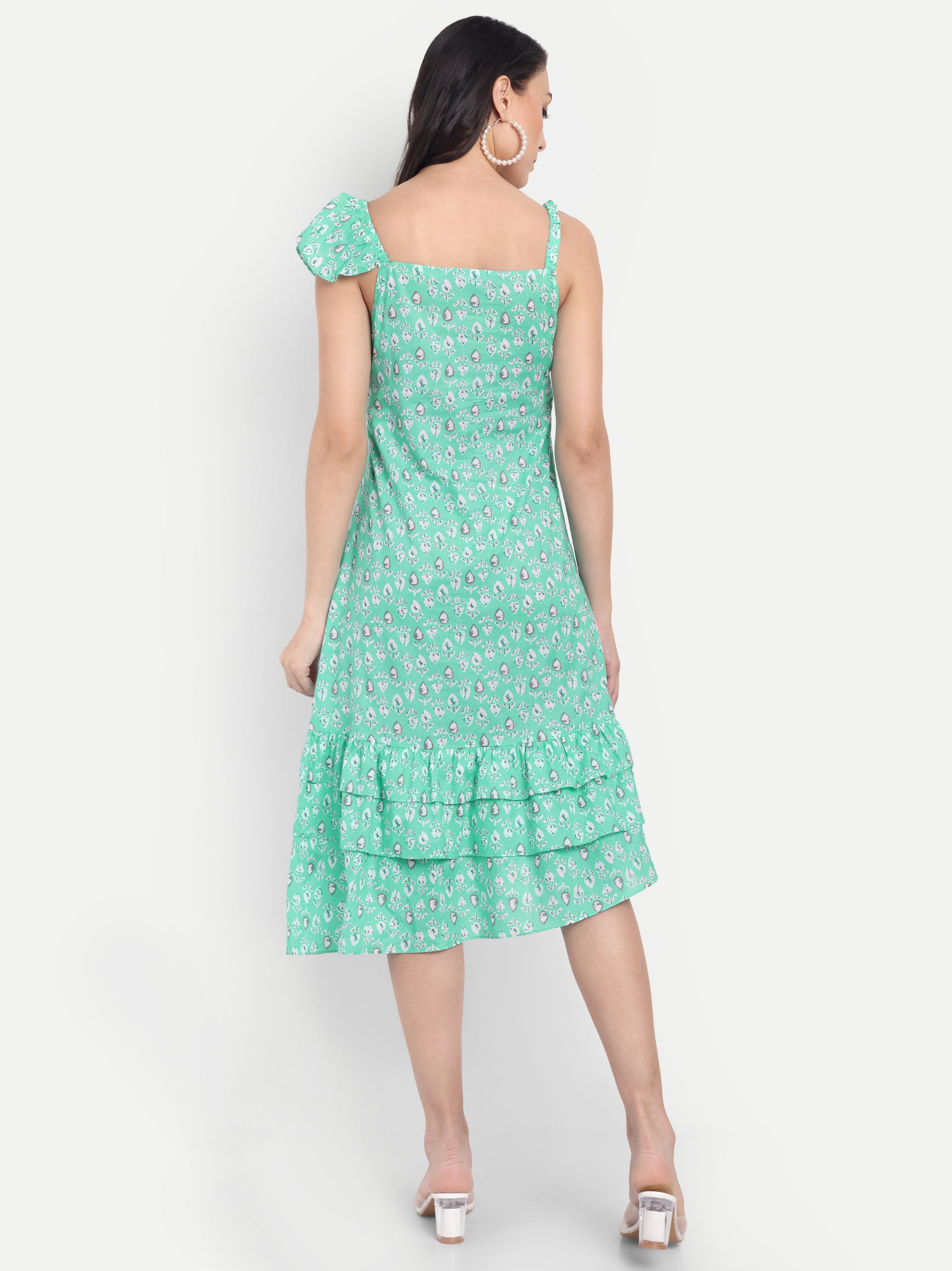 Women's Green Printed One-Shoulder Ruffle Dress | Sleeveless | Stylish Summer & Party Wear
