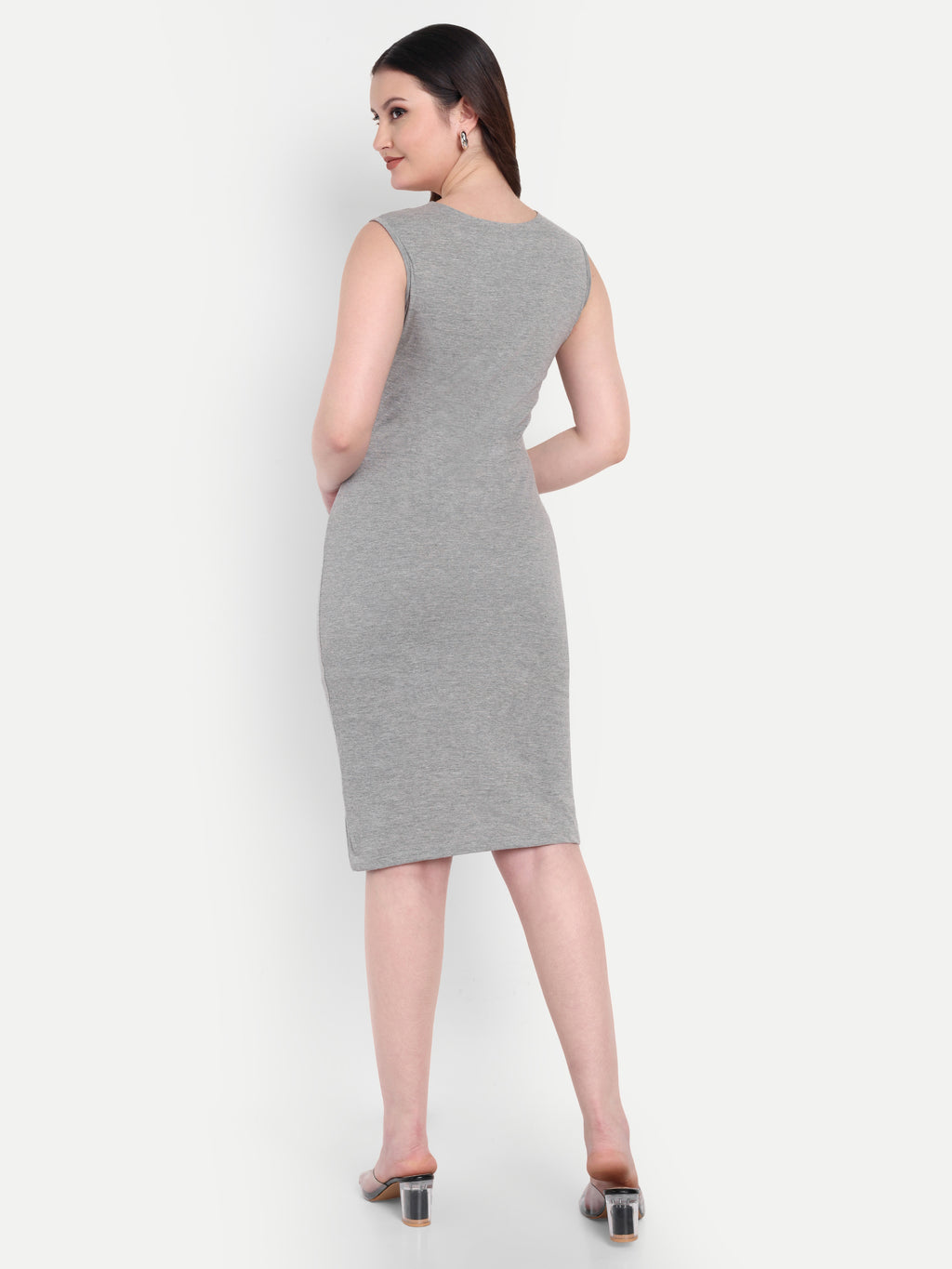Women's Light Grey Sleeveless Bodycon Midi Dress | Square Neck | Casual & Party Wear