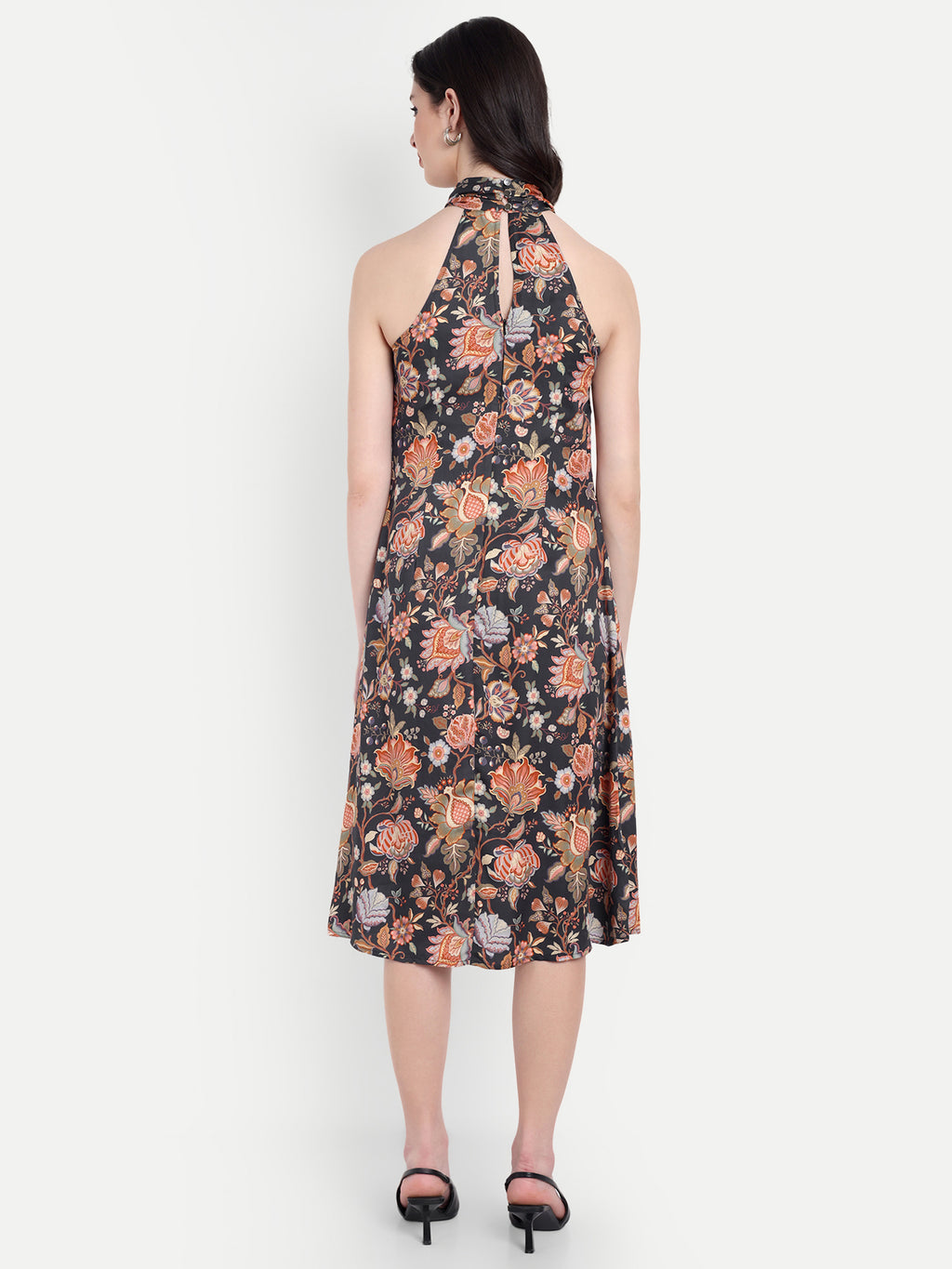 Women's Black Floral Halter Neck Midi Dress | Sleeveless Summer Dress