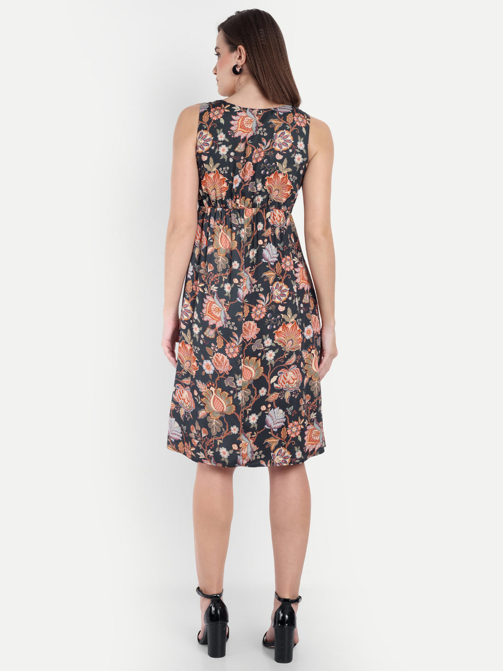 Women's Black multicolor  Floral Sleeveless A-Line Mini Dress | Elegant Textured Party Wear