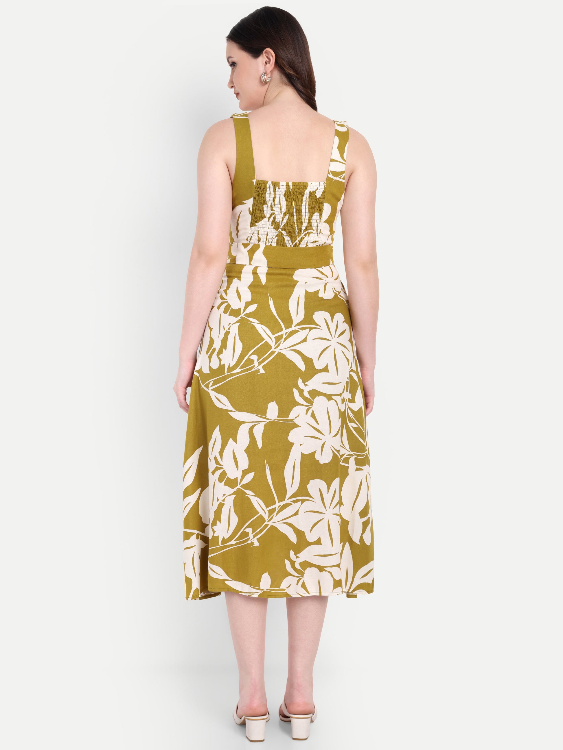 Women's Olive Floral Halter Neck Top with Waist Tie | Sleeveless Casual Wear