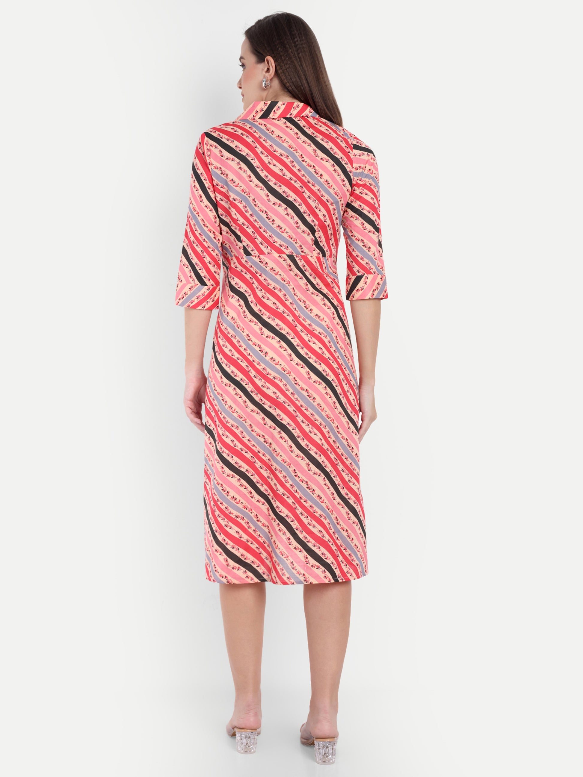 Women's Red & Pink Striped Knee-Length Dress | Front Knot Detail | Casual & Party Wear