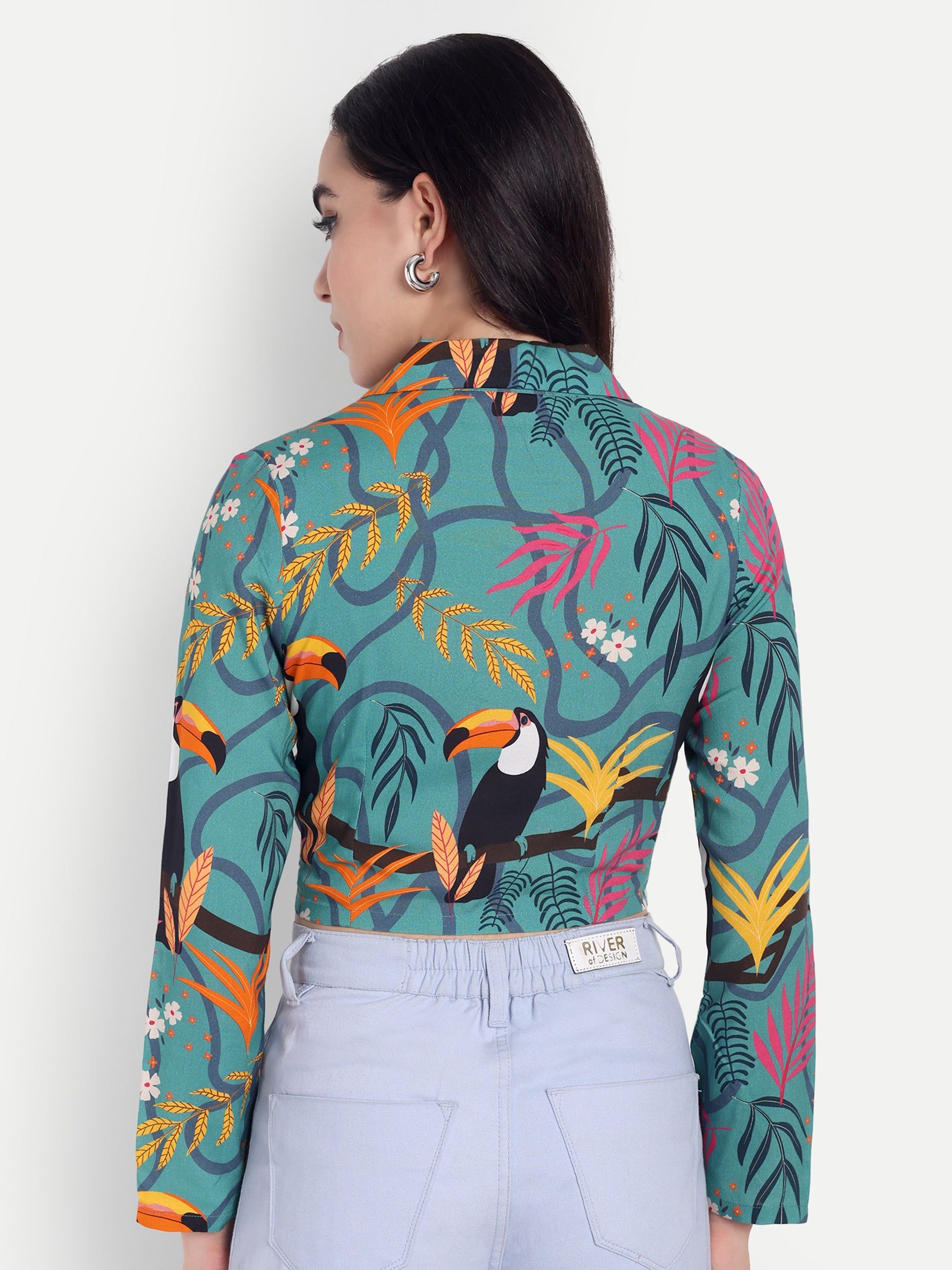 Tropical Print Collar Crop Top & Lavender Wide-Leg Trousers Set