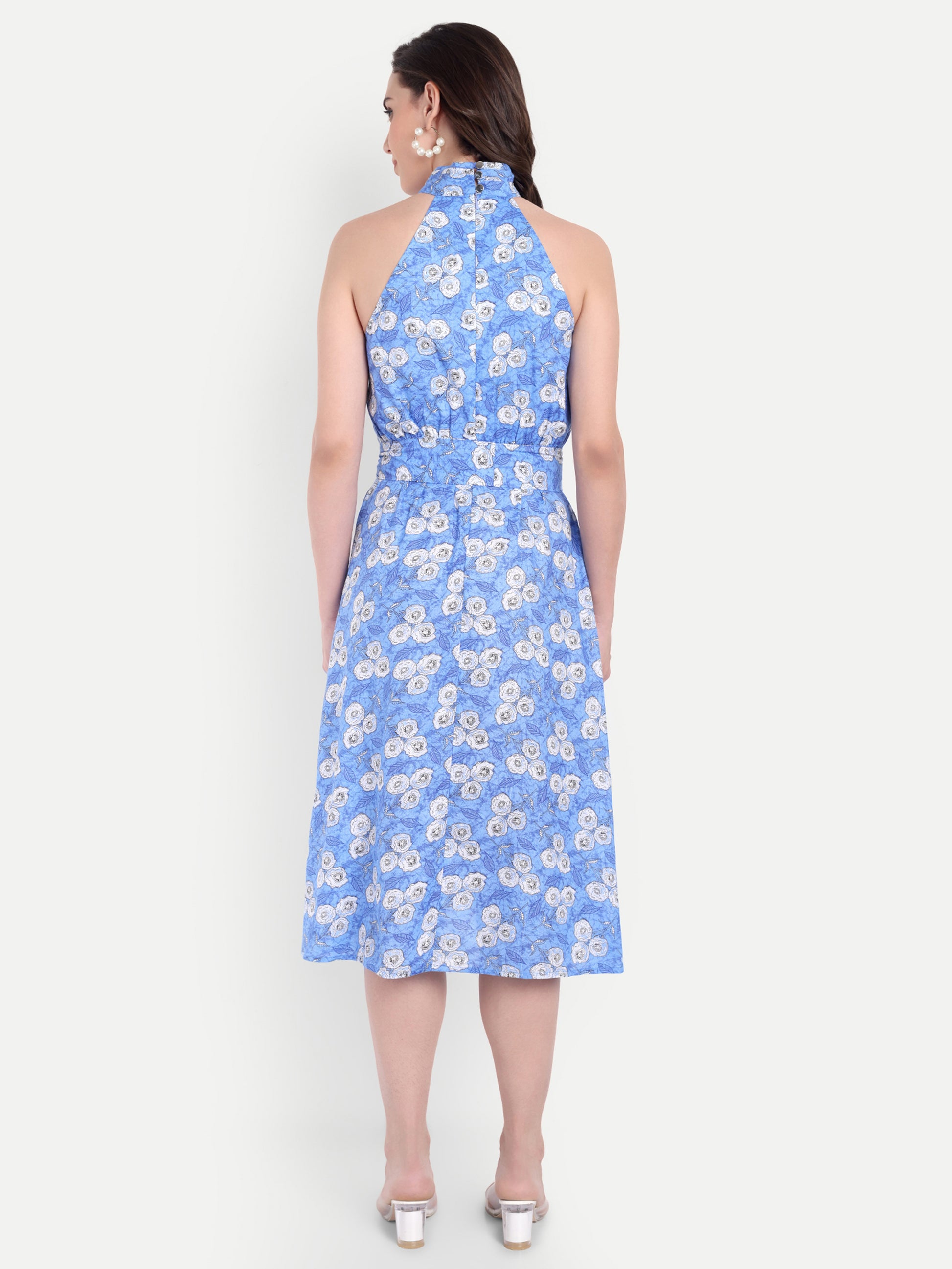 Women's blue & White Floral Halter Neck Midi Dress | Belted Waist | Resort & Summer Wear (Copy)