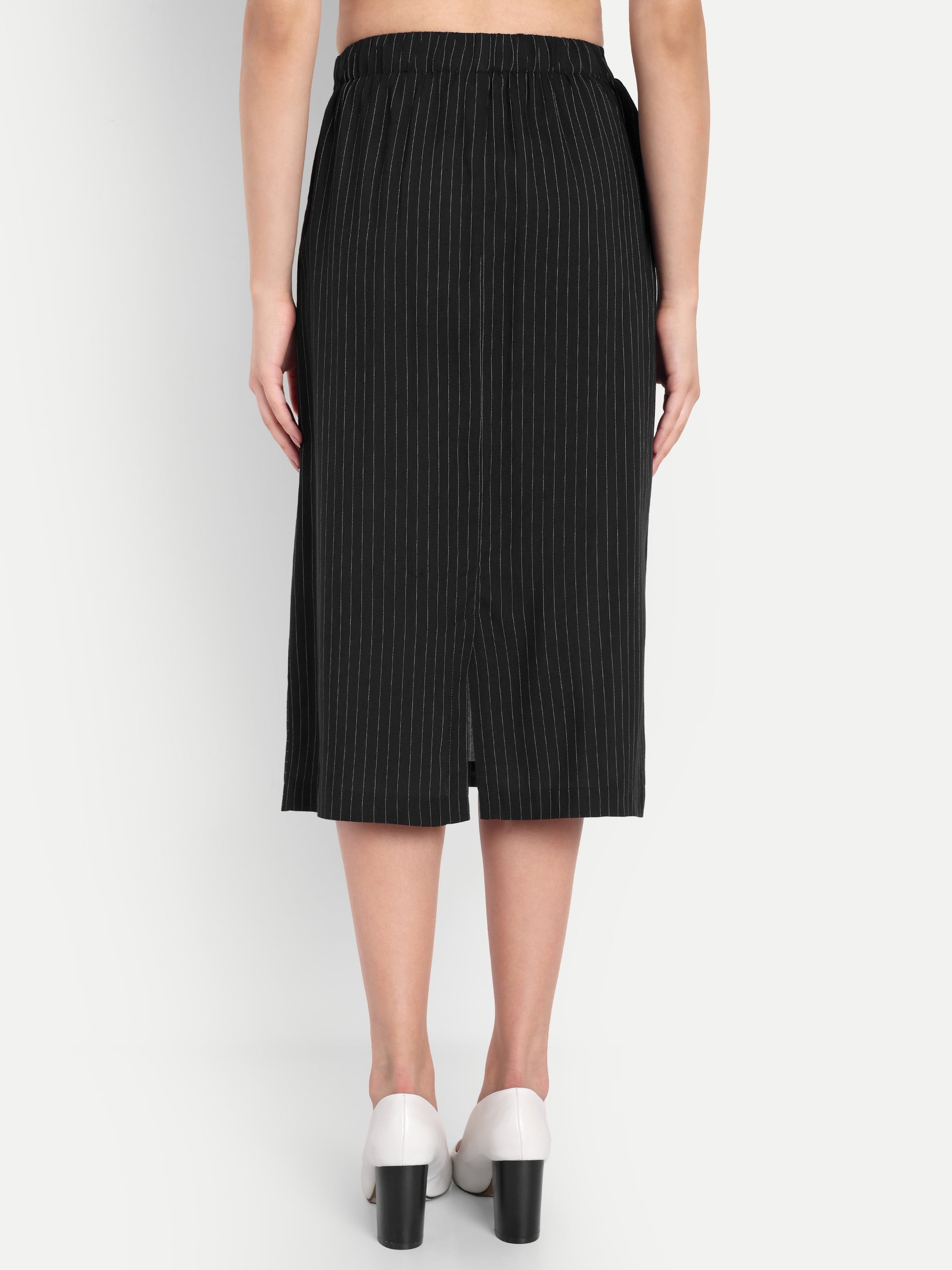 Women's Black Pinstripe Wrap Midi Skirt with Button Detail | Office & Casual Wear