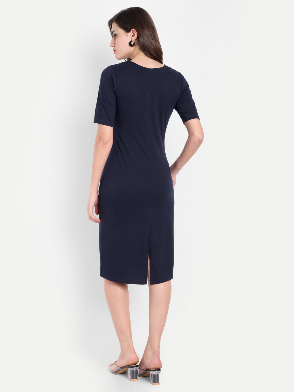Women's Dark Blue Bodycon Midi Dress | V-Neck | Half Sleeve | Casual & Office Wear