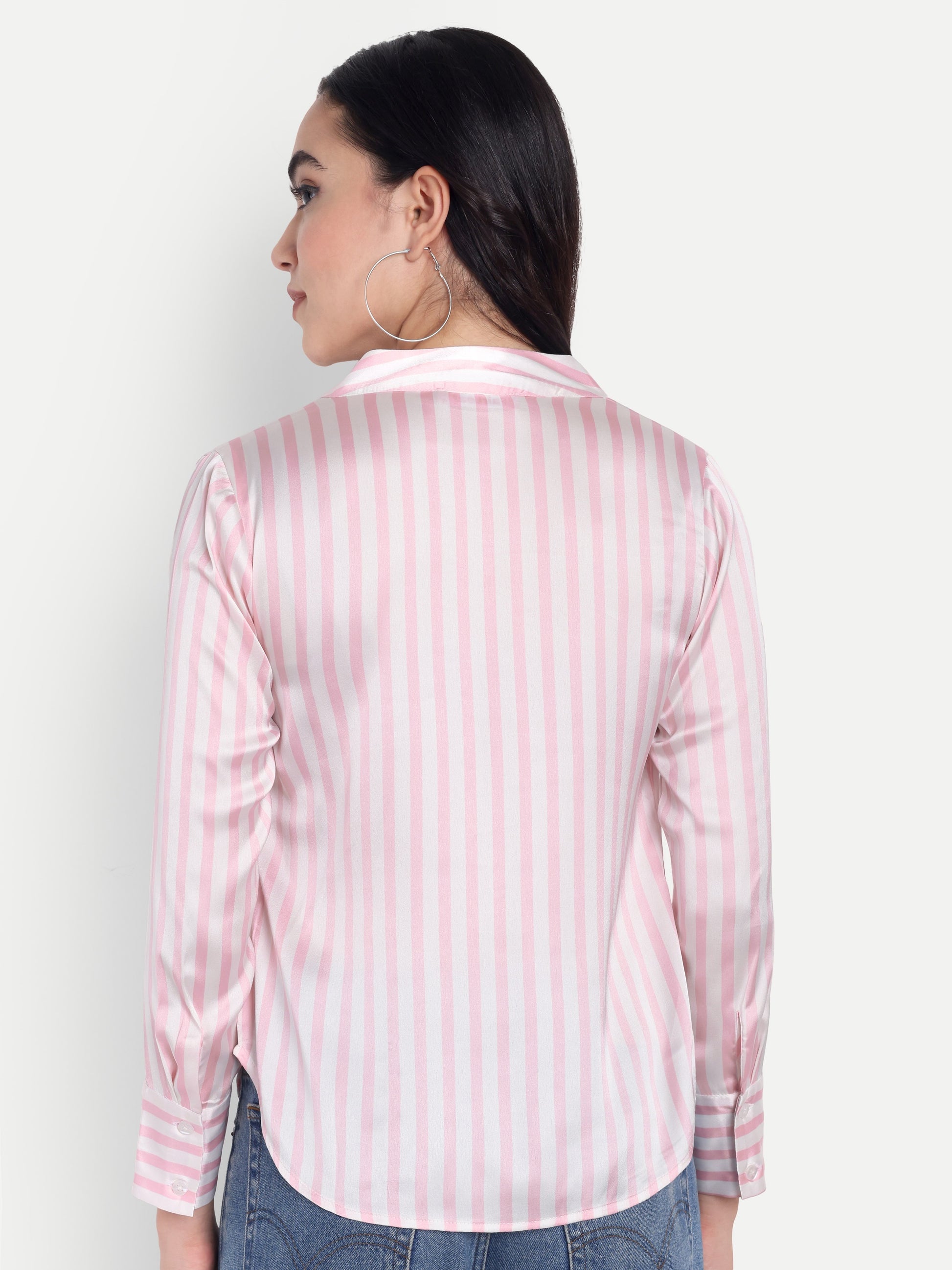 Women's Pink & White Striped Button-Down Shirt – Long Sleeve | Casual & Office Wear
