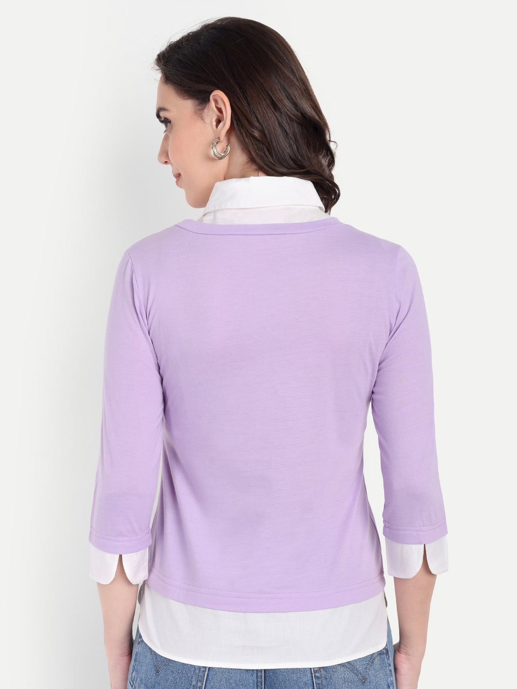 Women's Purple Layered Look Top with white Shirt Collar & 3/4 Sleeves